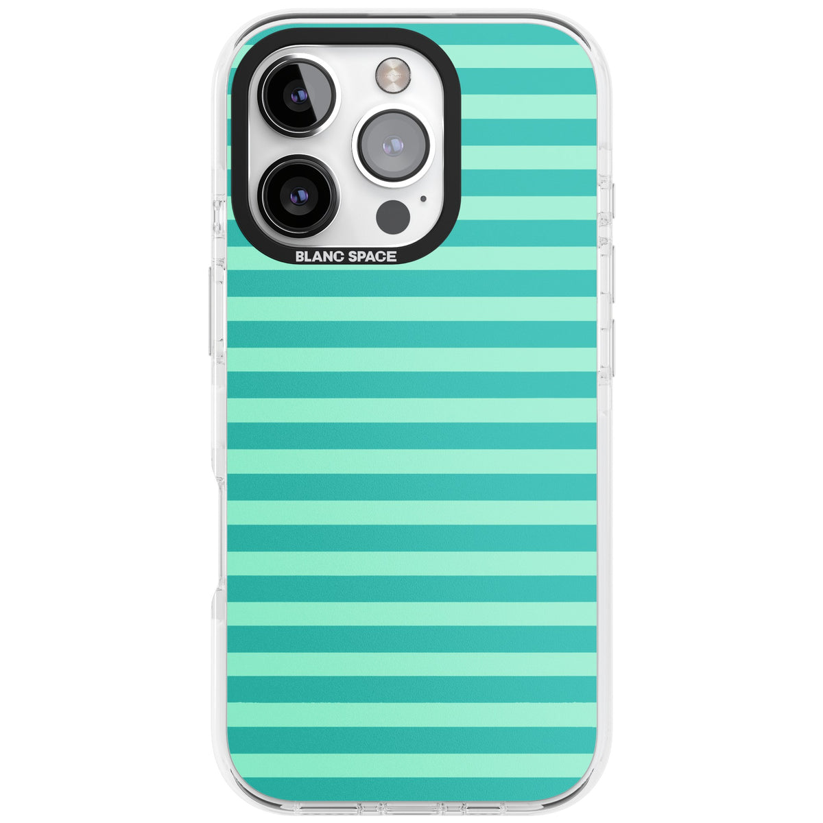 Turquoise Stripe preppy iPhone case featuring horizontal teal and mint green stripes on a black protective frame iPhone 16 Pro Impact Clear Phone Case front