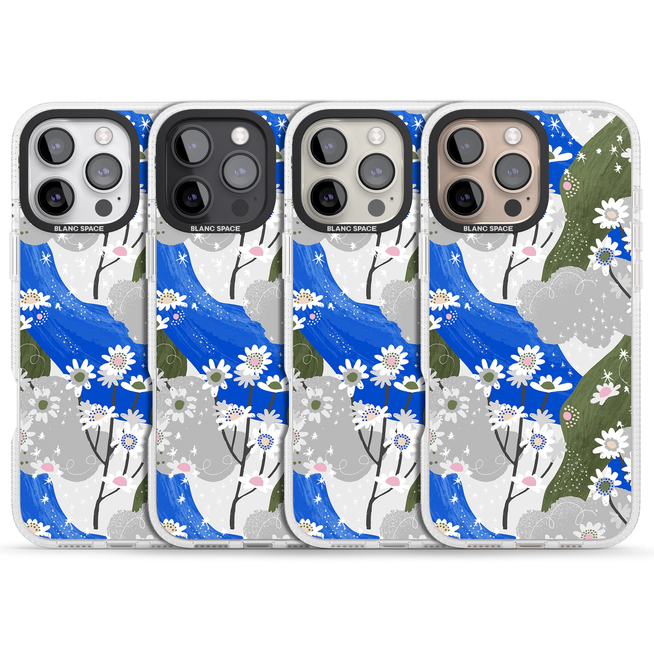 Blue & Grey Daisies Pattern iPhone 16 Pro Max / 16 Pro Clear Case Impact Air - Blanc Space