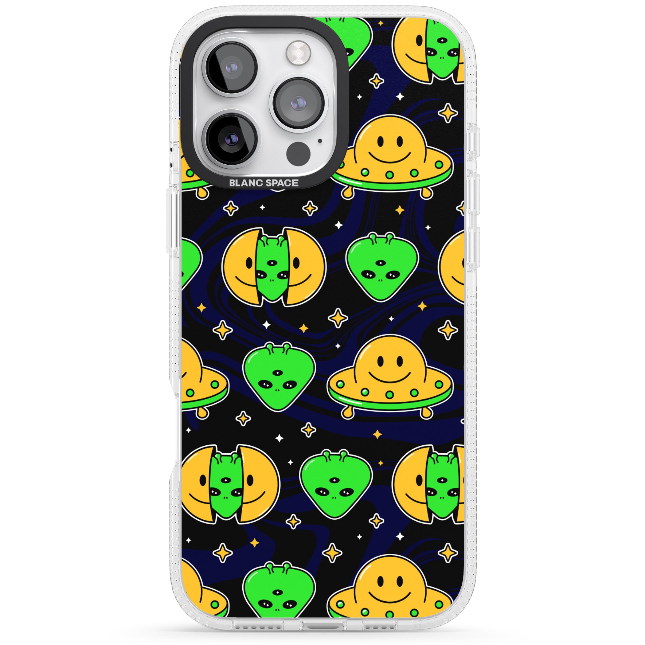 Alien Head Pattern iPhone 16 Pro Max / 16 Pro Clear Case Impact Air - Blanc Space