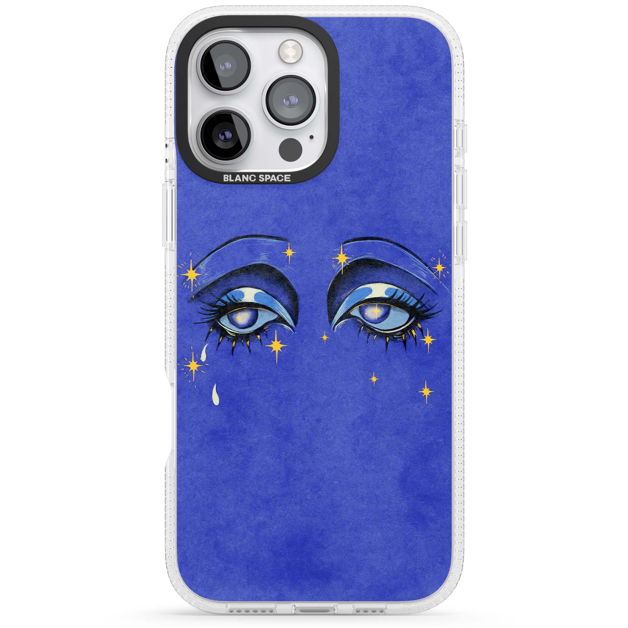 Blue Mystic Eyes celestial iPhone case featuring hand drawn blue mystical eyes, golden stars and a painted tear on indigo | Clear Case Impact Air case for iPhone 16 Pro, iPhone 16 Pro Max