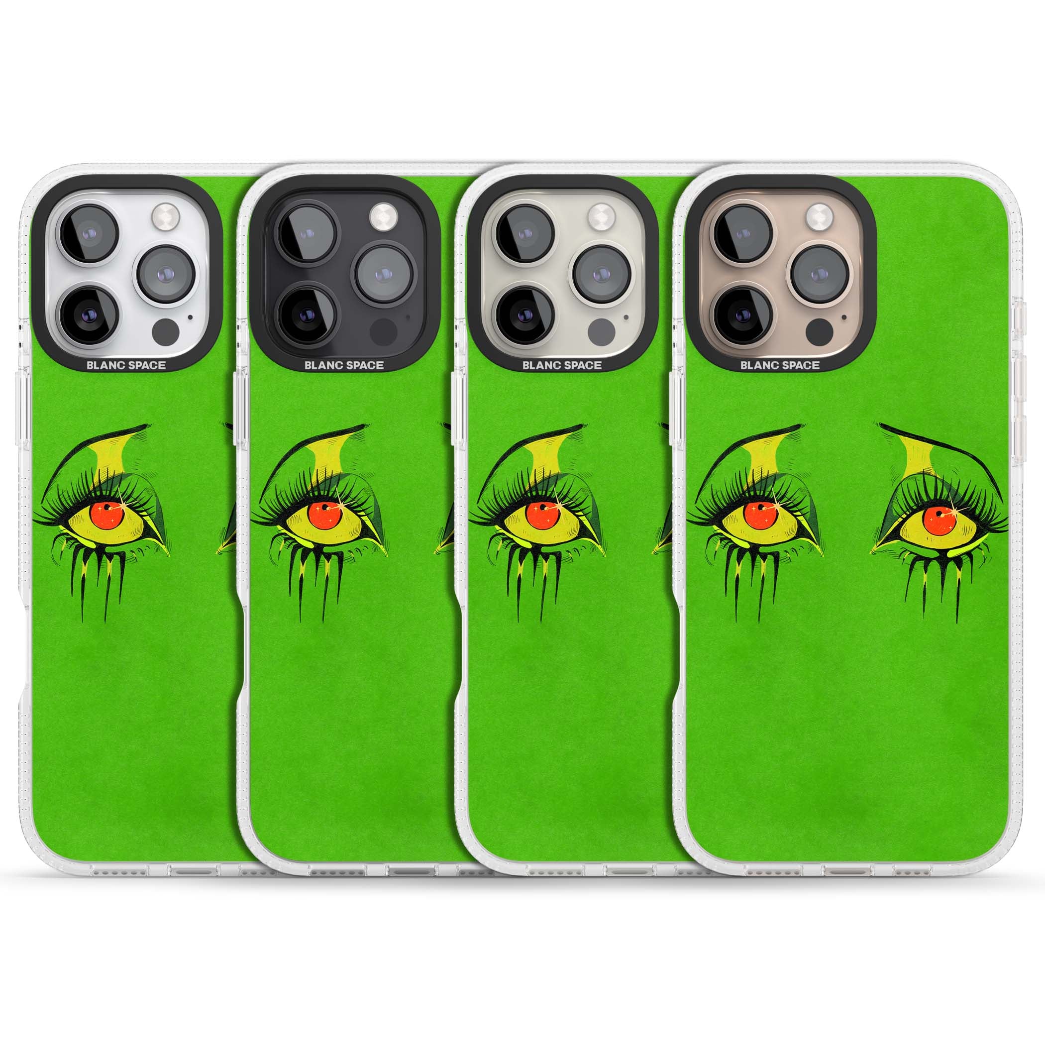 Green Enchanted Eyes psychedelic art iPhone case featuring hand-drawn dripping eyes on neon green background | Clear Case Impact Air case for iPhone 16 Pro, iPhone 16 Pro Max