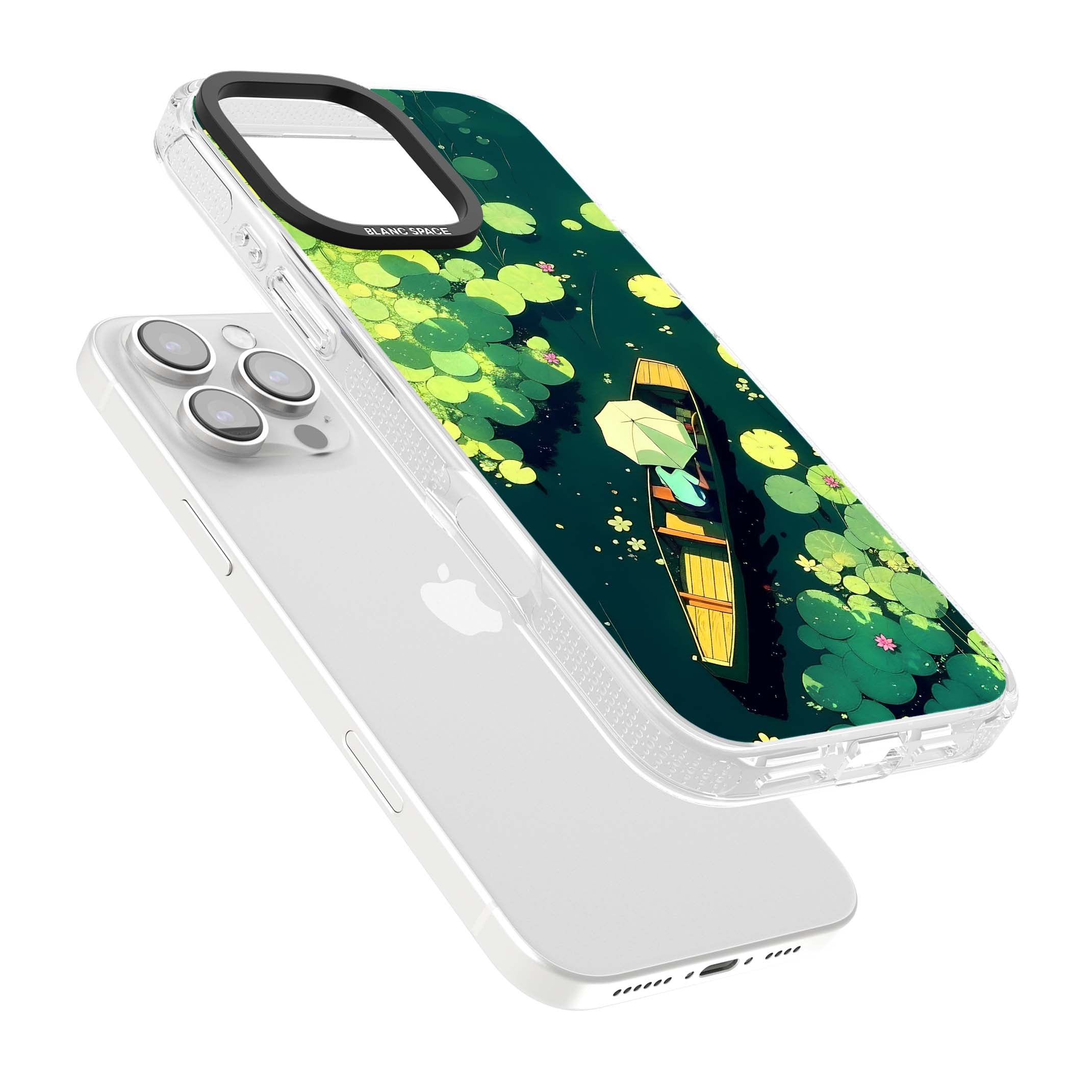 Jade Waters cottagecore iPhone case featuring a painted lily pond, wooden boat with parasol and floating water lilies | Clear Case Impact Air case for iPhone 16 Pro, iPhone 16 Pro Max