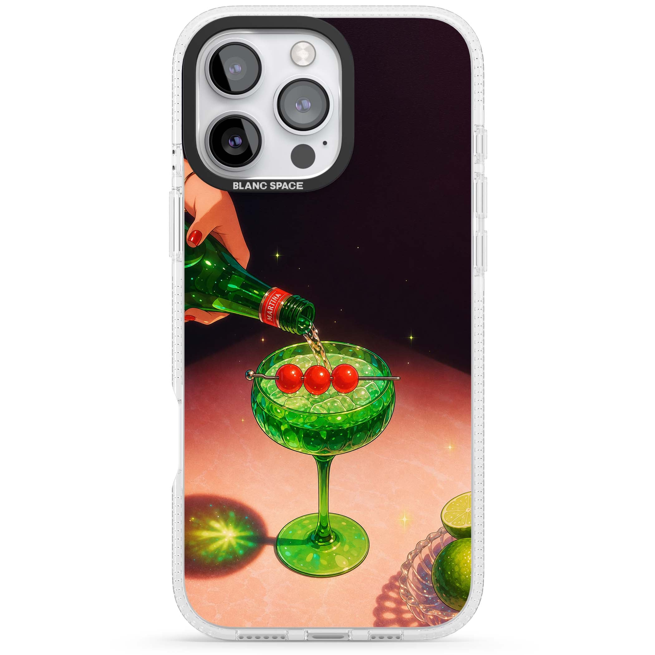 Absinthe Hour cocktail iPhone case featuring a green coupe glass, cherry garnish and vintage bottle pour illustration | Clear Case Impact Air case for iPhone 16 Pro, iPhone 16 Pro Max
