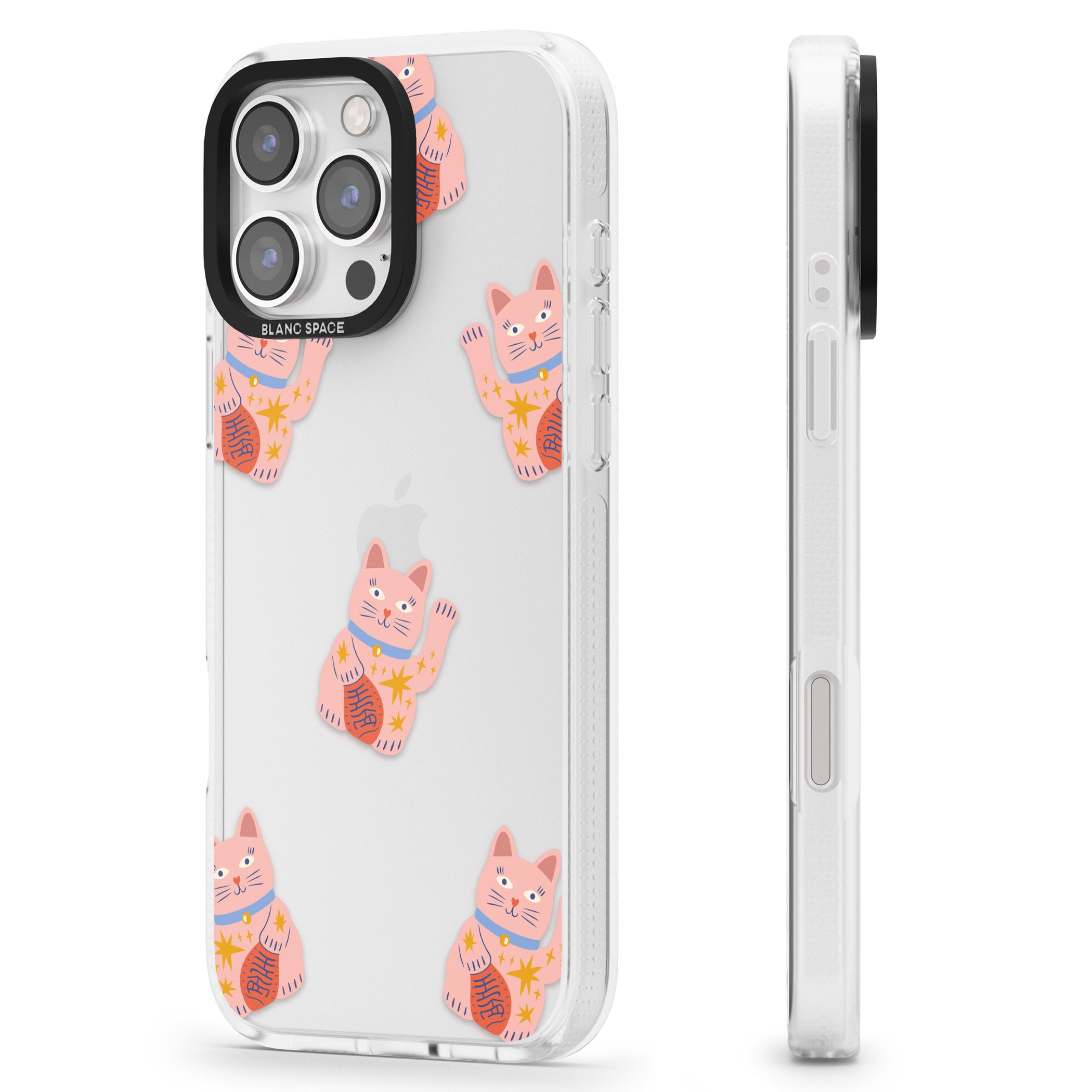 Waving Cat Pattern iPhone 16 Pro Max / 16 Pro Clear Case Impact Air - Blanc Space