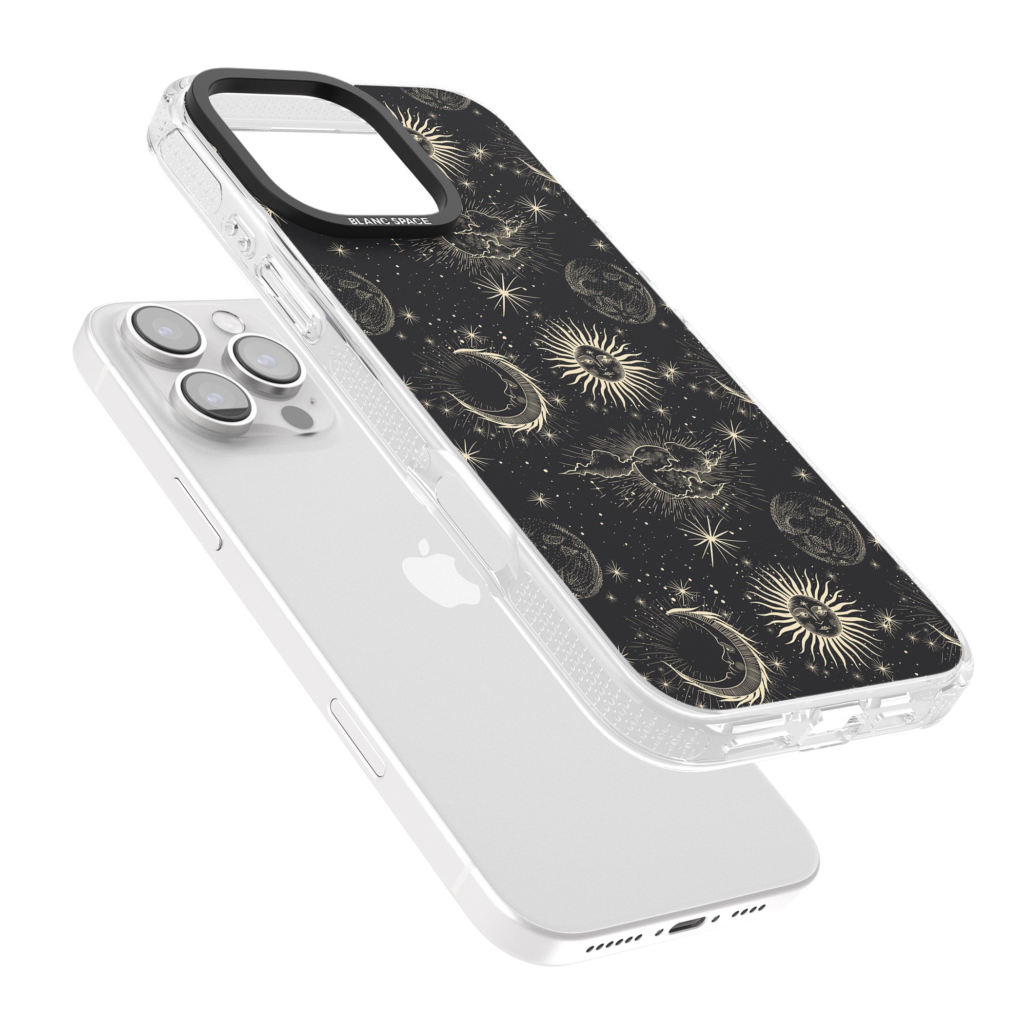 Large Suns, Moons & Clouds Astrological iPhone 16 Pro Max / 16 Pro Clear Case Impact Air - Blanc Space