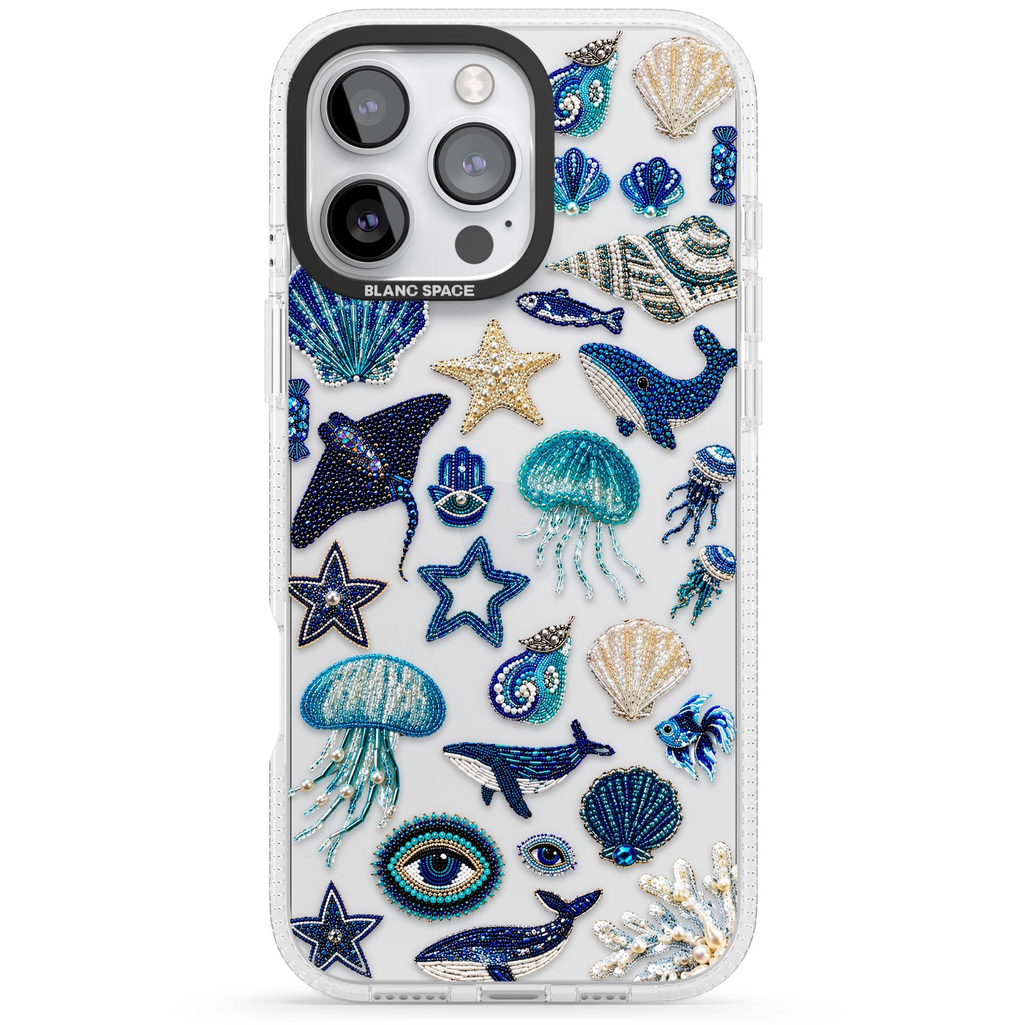 Beaded Coastal coastal iPhone case featuring embroidered seashells, jellyfish and a blue whale on clear | Clear Case Impact Air case for iPhone 16 Pro, iPhone 16 Pro Max