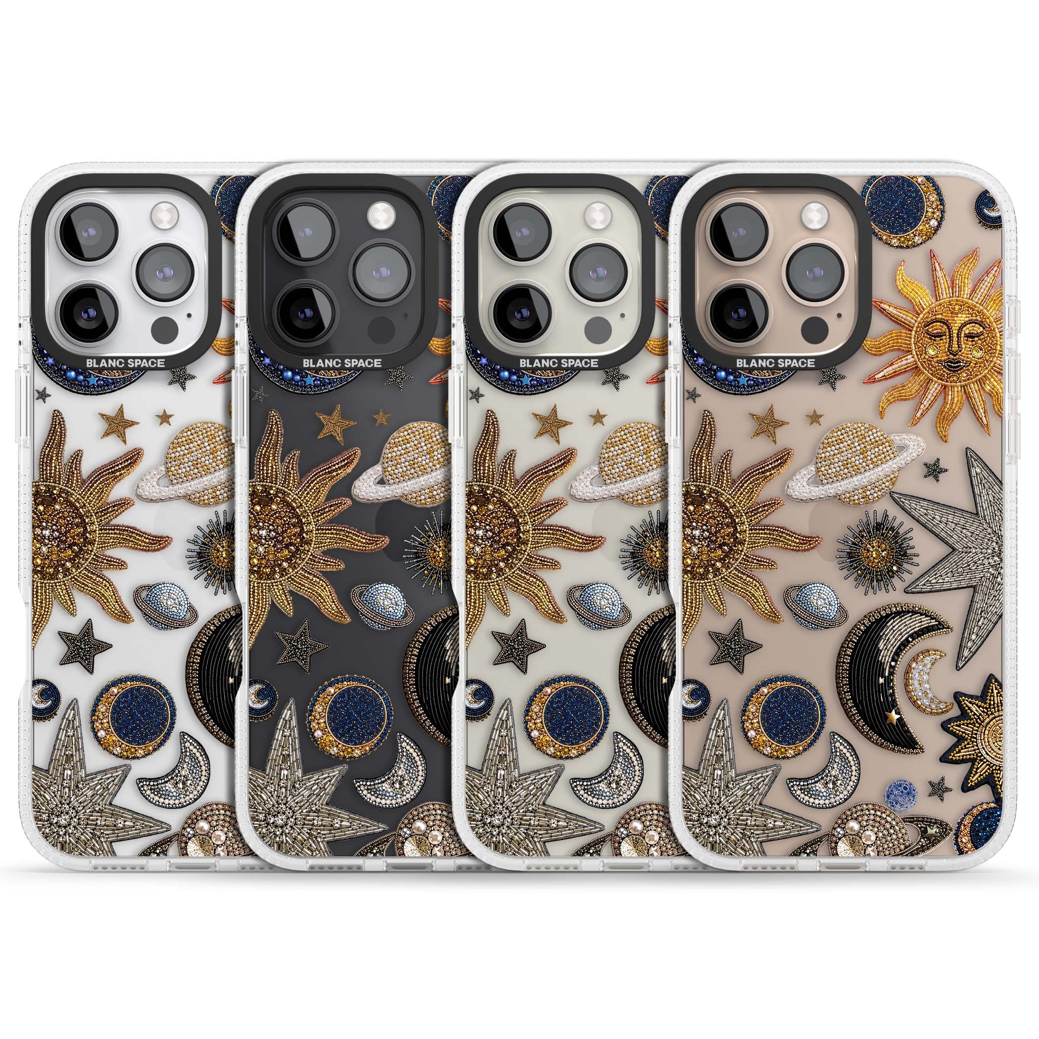 Beaded Cosmos celestial iPhone case featuring embroidered golden suns, beaded planets and silver shooting stars | Clear Case Impact Air case for iPhone 16 Pro, iPhone 16 Pro Max