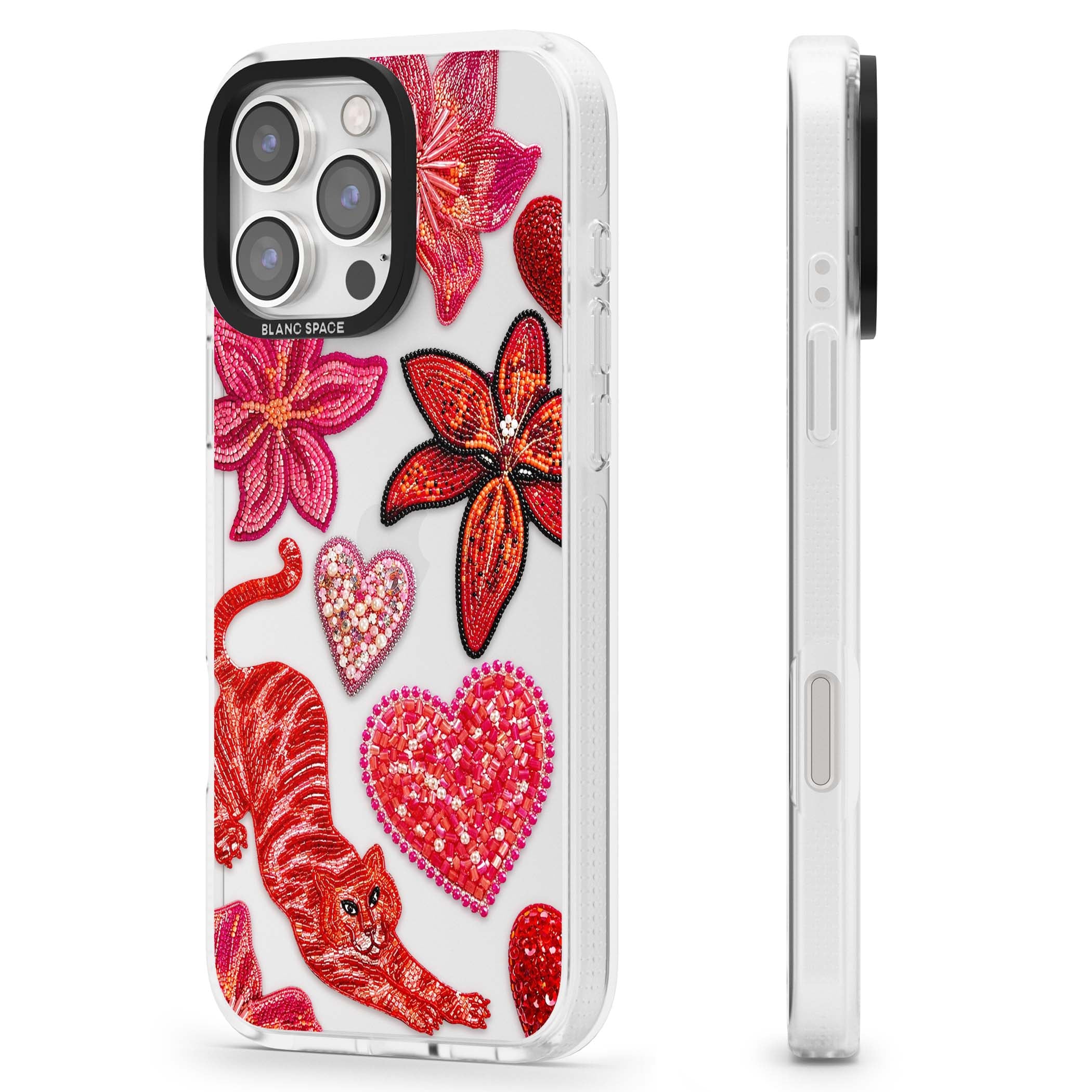 Beaded Boho floral iPhone case featuring beaded red lilies, a stitched tiger, and pearl-encrusted hearts on clear | Clear Case Impact Air case for iPhone 16 Pro, iPhone 16 Pro Max