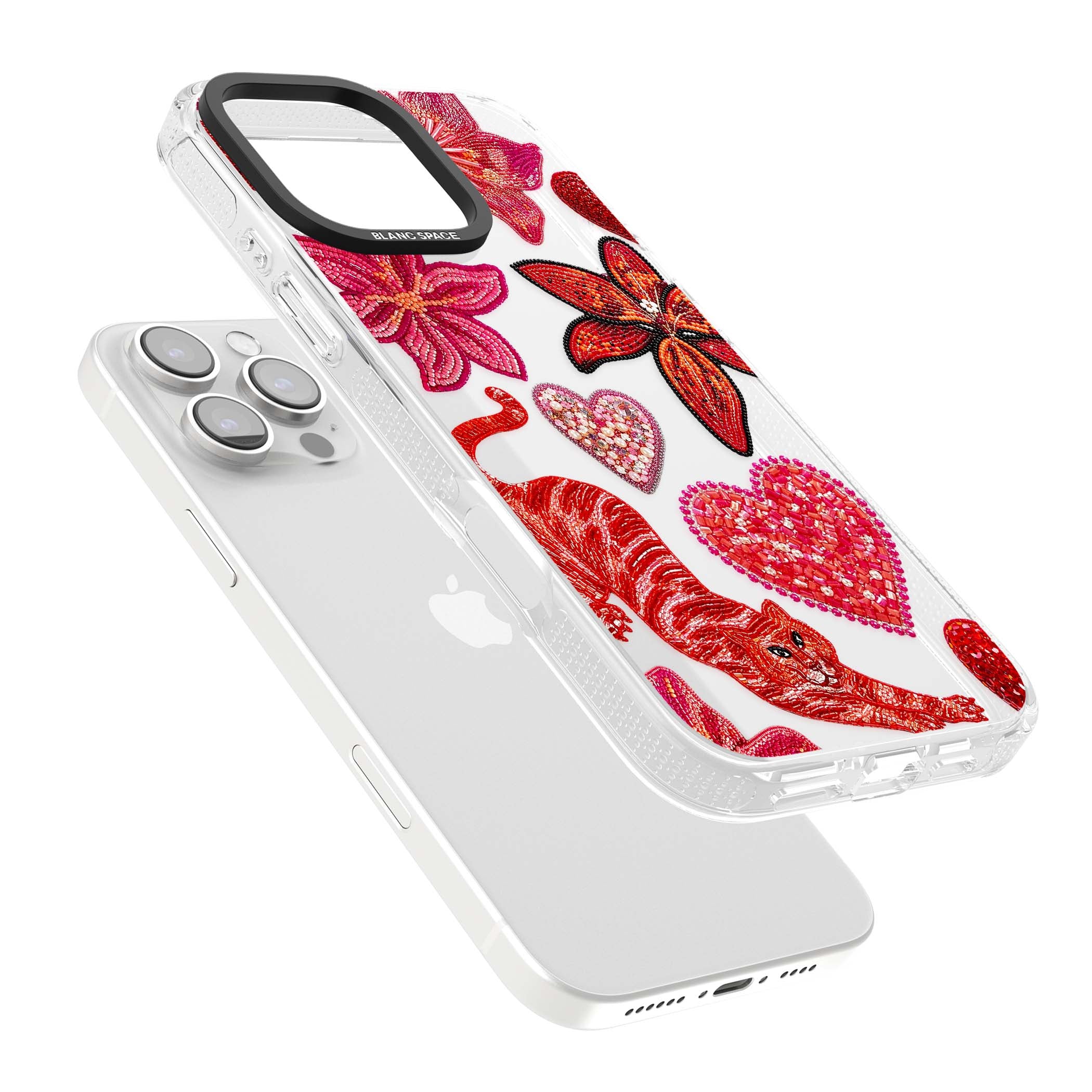 Beaded Boho floral iPhone case featuring beaded red lilies, a stitched tiger, and pearl-encrusted hearts on clear | Clear Case Impact Air case for iPhone 16 Pro, iPhone 16 Pro Max