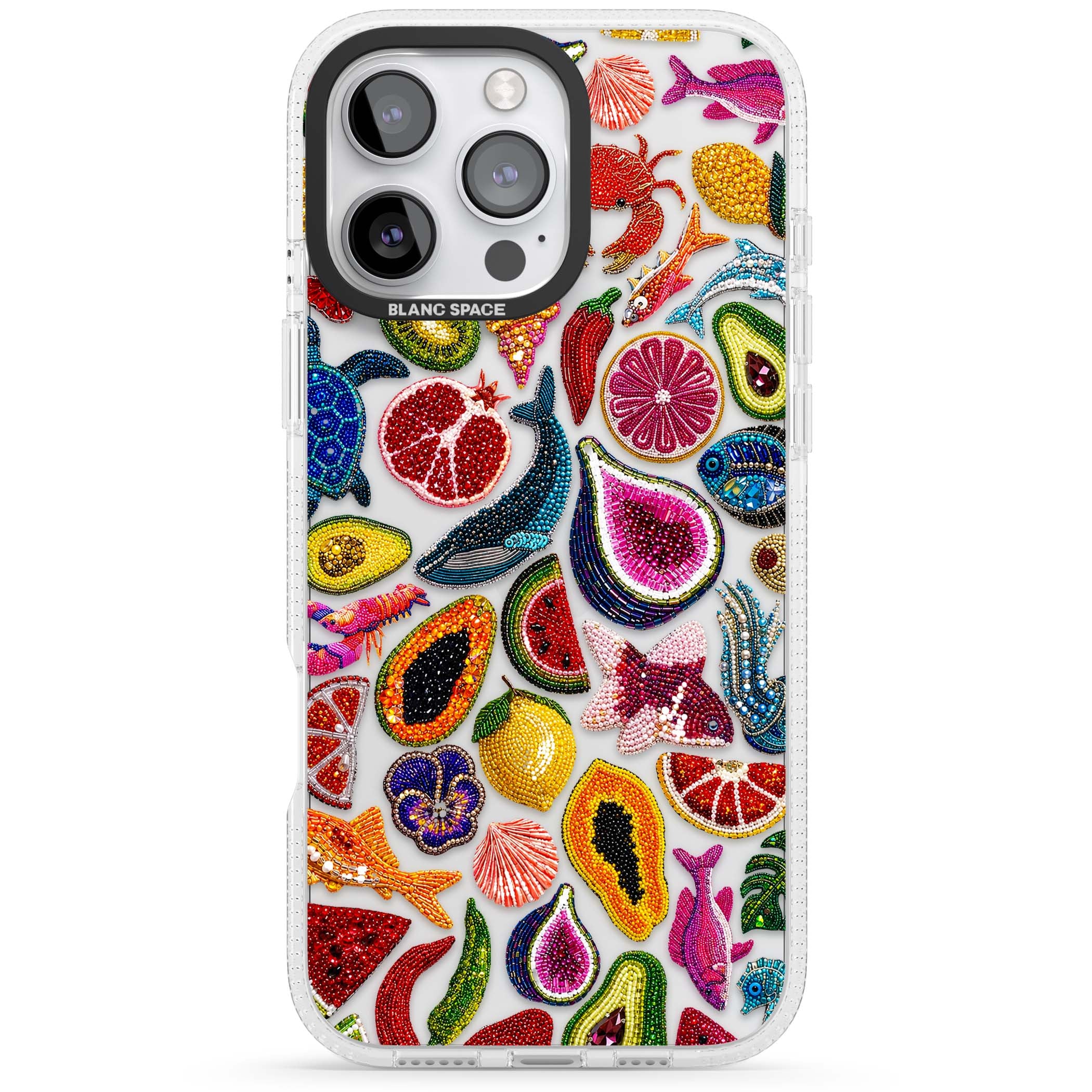 Beaded Tropic tropical iPhone case featuring beaded fruit, fish, crabs and seashells in vibrant colour | Clear Case Impact Air case for iPhone 16 Pro, iPhone 16 Pro Max