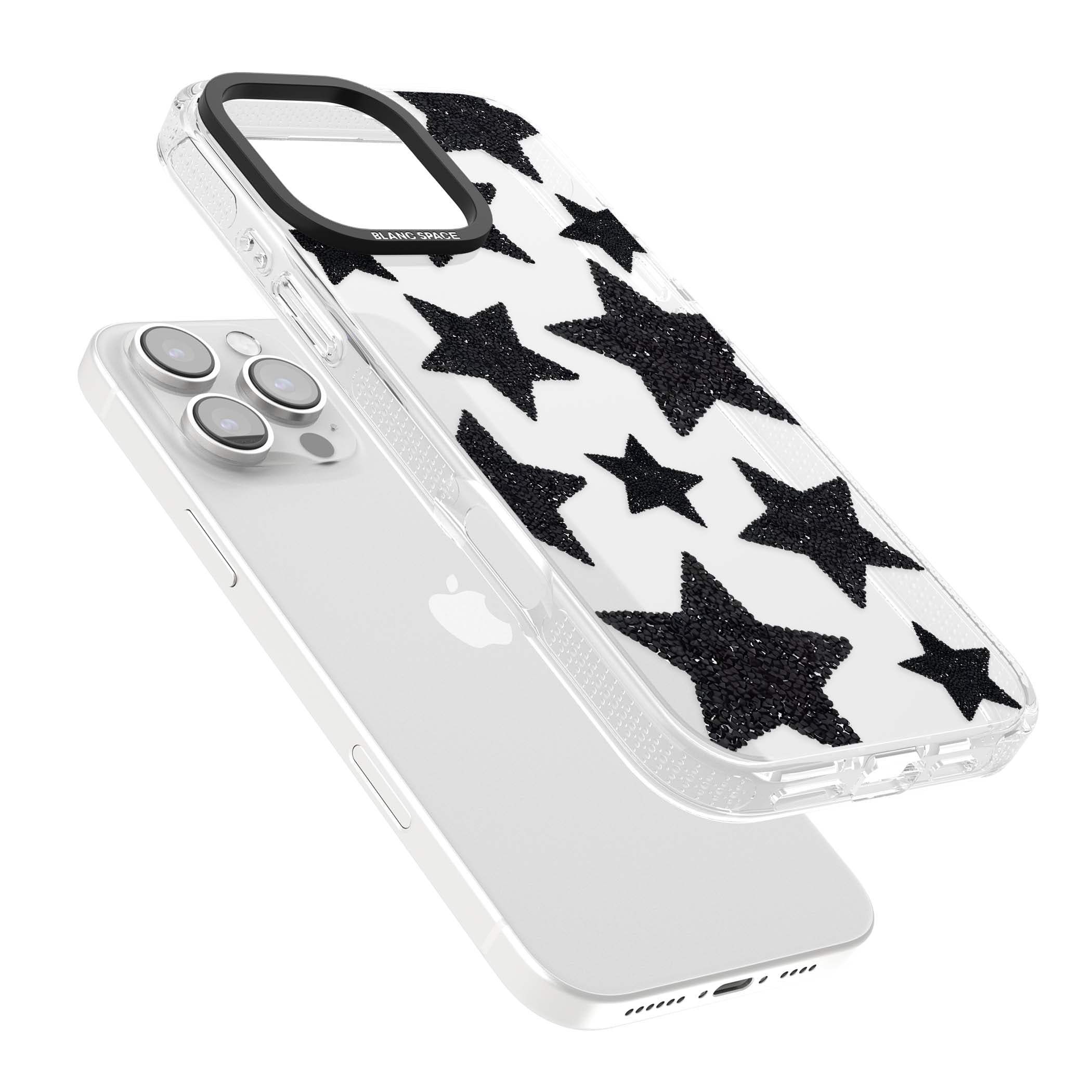 Beaded Black Stars celestial iPhone case featuring black glitter beaded stars scattered on a clear background | Clear Case Impact Air case for iPhone 16 Pro, iPhone 16 Pro Max