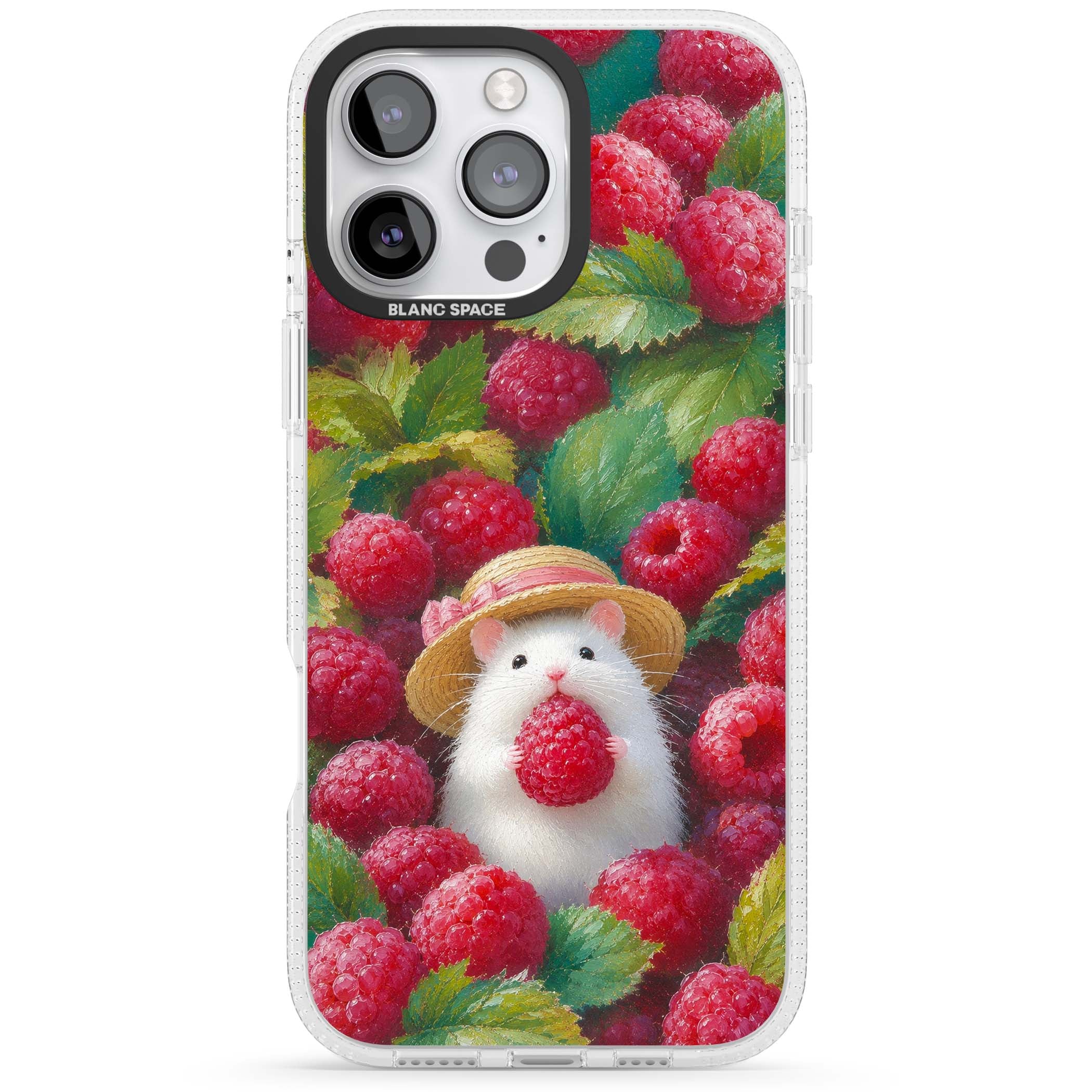 Berry Forager cottagecore iPhone case featuring a white hamster in a straw hat holding a raspberry surrounded by ripe ber | Clear Case Impact Air case for iPhone 16 Pro, iPhone 16 Pro Max