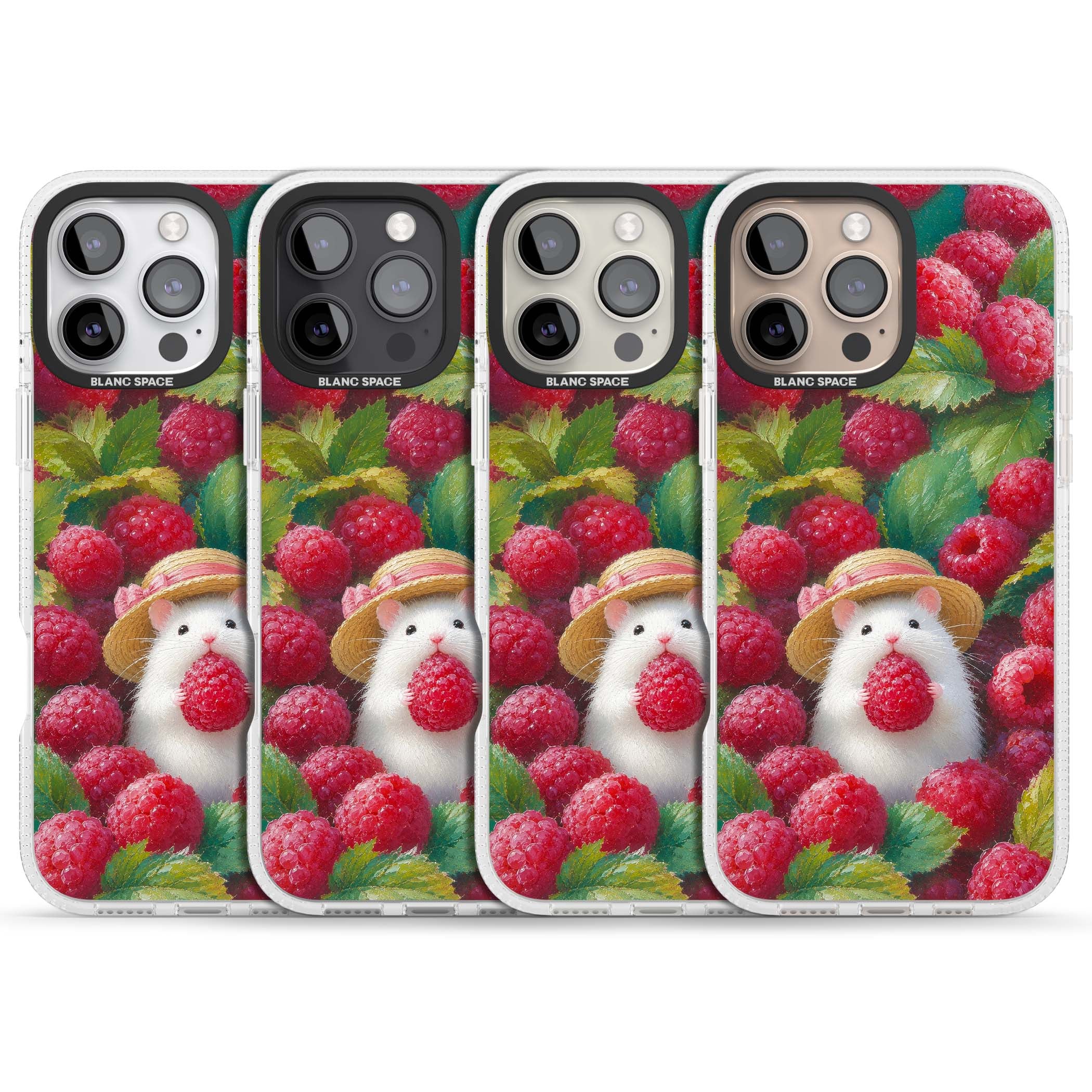 Berry Forager cottagecore iPhone case featuring a white hamster in a straw hat holding a raspberry surrounded by ripe ber | Clear Case Impact Air case for iPhone 16 Pro, iPhone 16 Pro Max