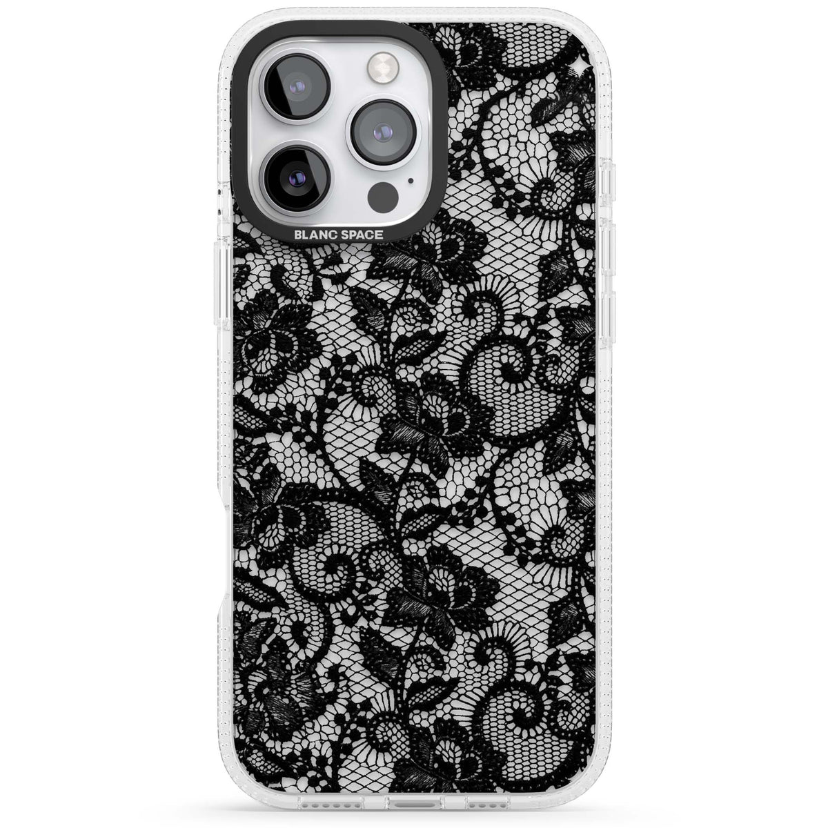 Black Lace gothic iPhone case featuring intricate black floral lace pattern with vintage whimsigoth detail | Clear Case Impact Air case for iPhone 16 Pro, iPhone 16 Pro Max
