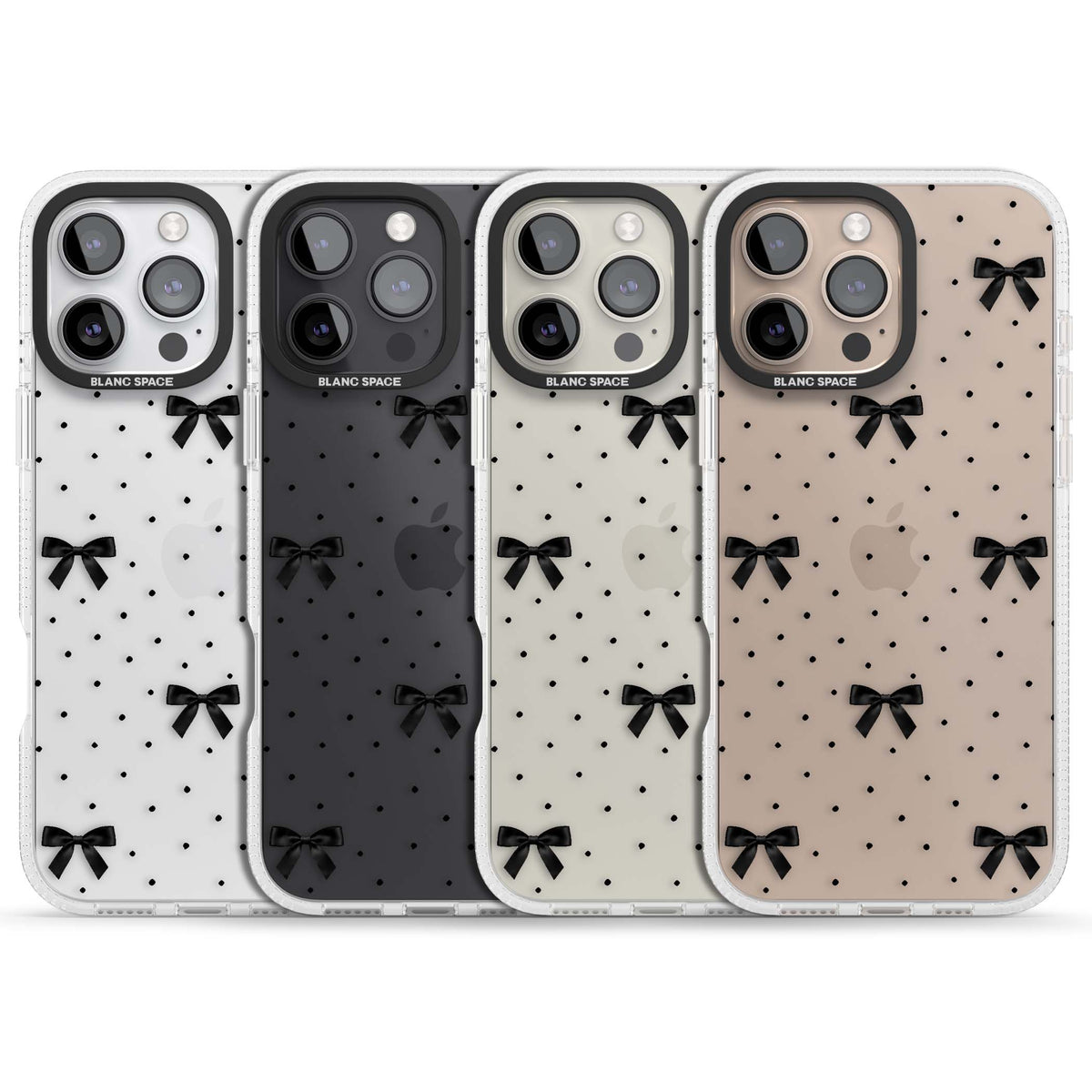 Black Polka Bows coquette iPhone case featuring scattered black satin bows and tiny polka dots on a clear base | Clear Case Impact Air case for iPhone 16 Pro, iPhone 16 Pro Max