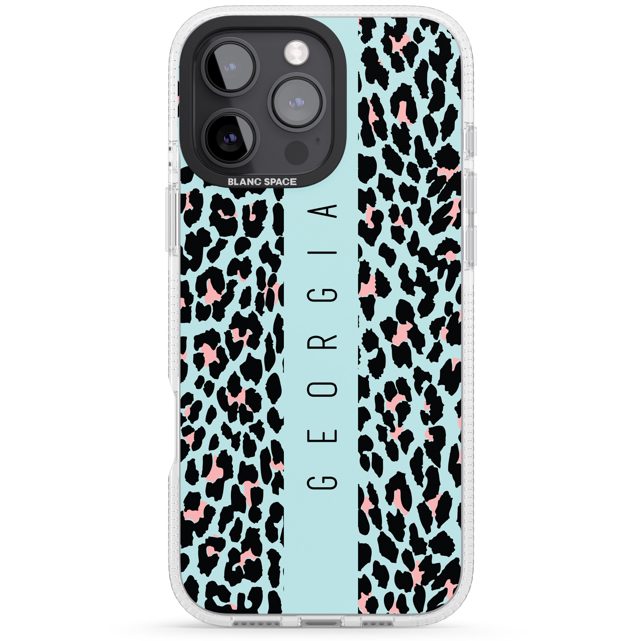 Personalised Blue Leopard Spots iPhone 16 Pro Max / 16 Pro Clear Case Impact Air - Blanc Space