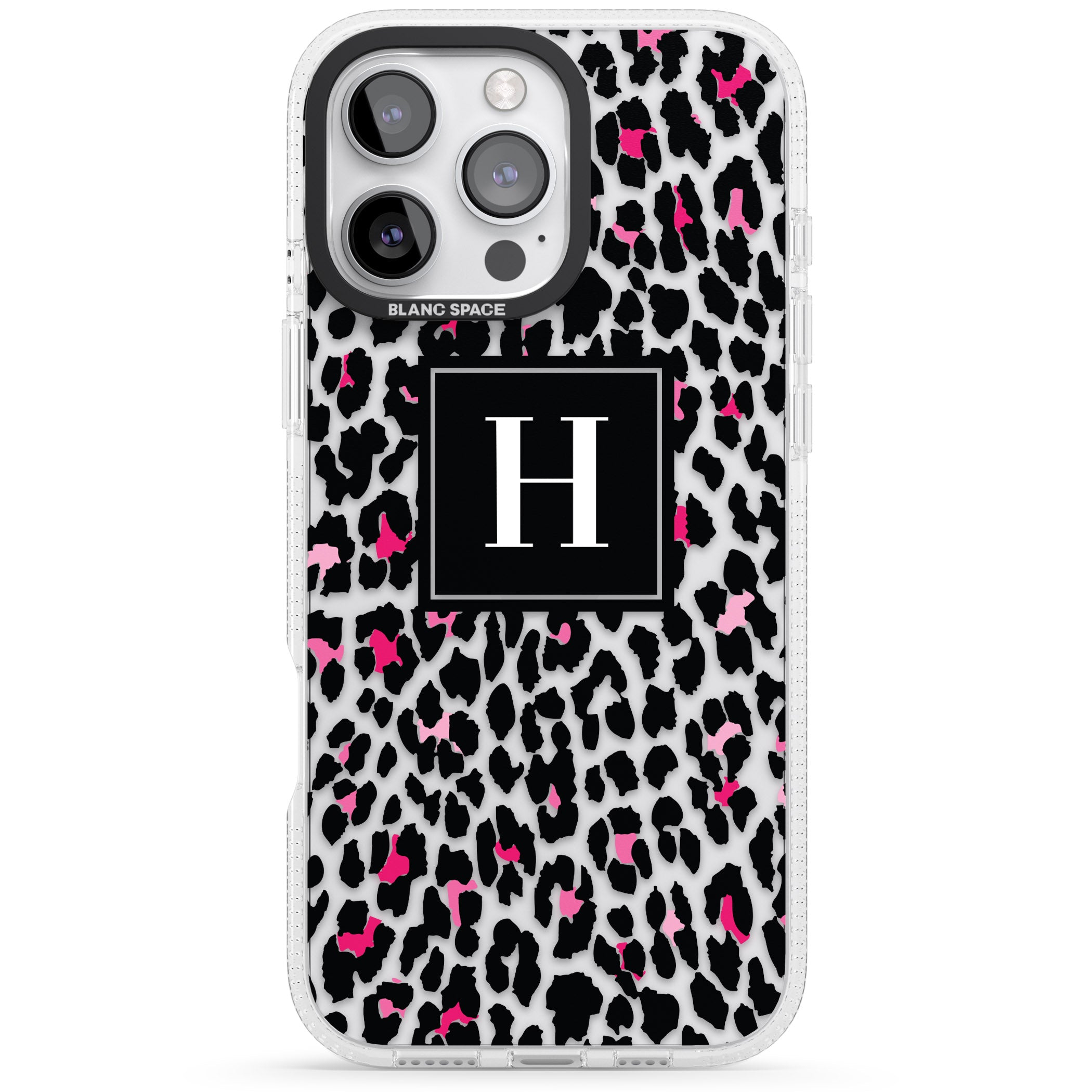 Personalised Pink Monogram Leopard Spots iPhone 16 Pro Max / 16 Pro Clear Case Impact Air - Blanc Space