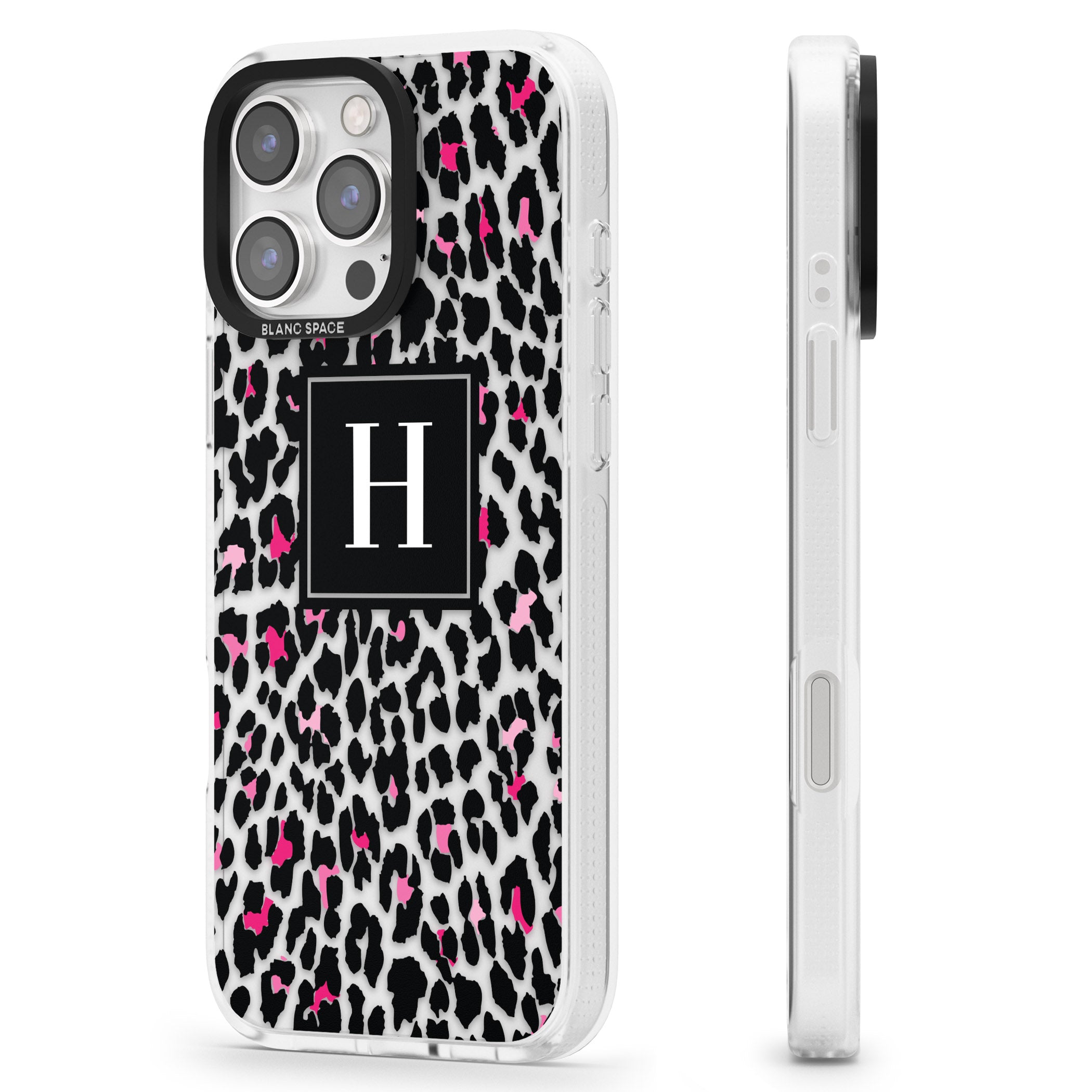 Personalised Pink Monogram Leopard Spots iPhone 16 Pro Max / 16 Pro Clear Case Impact Air - Blanc Space