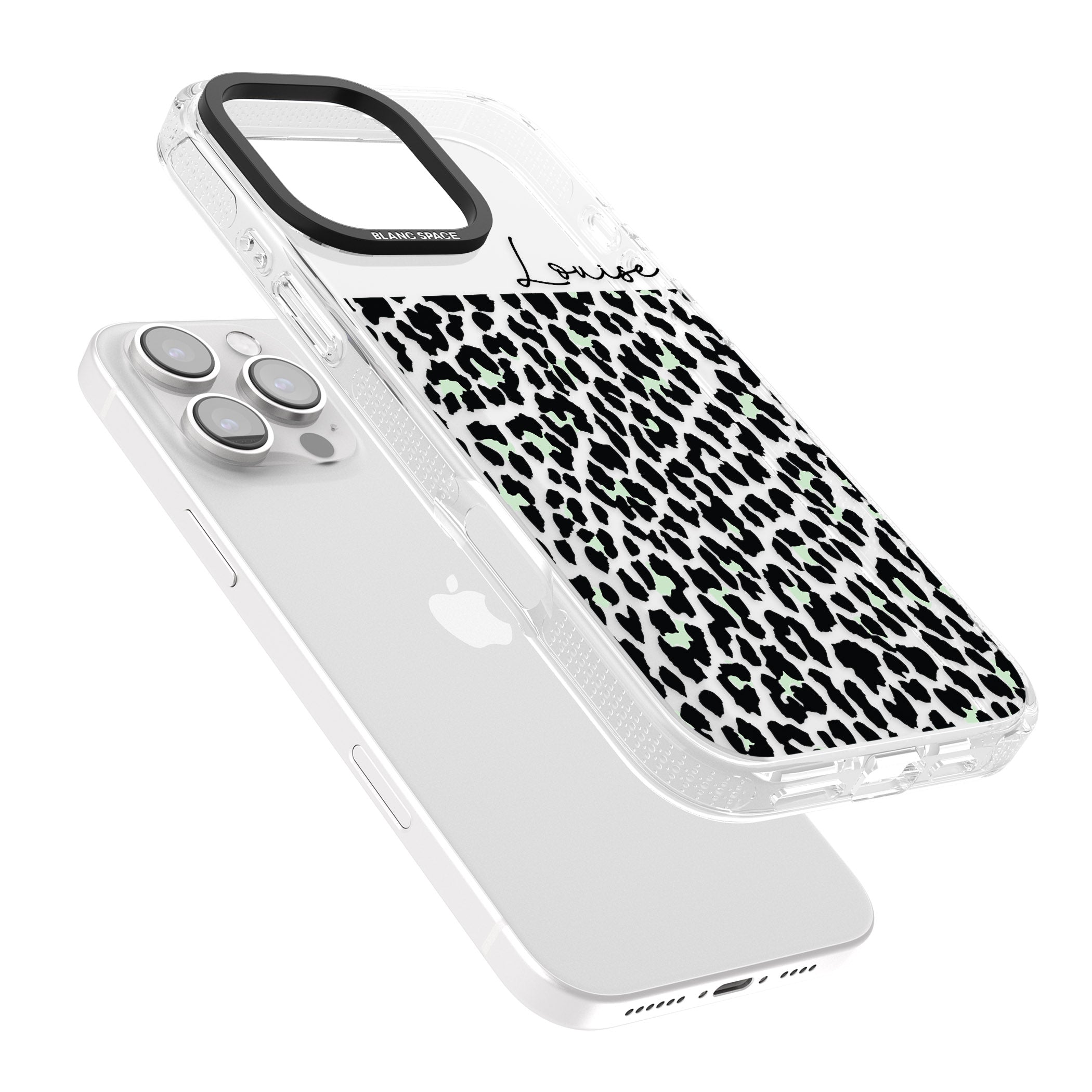 Personalised Seafoam Green & Cursive Leopard Spots iPhone 16 Pro Max / 16 Pro Clear Case Impact Air - Blanc Space