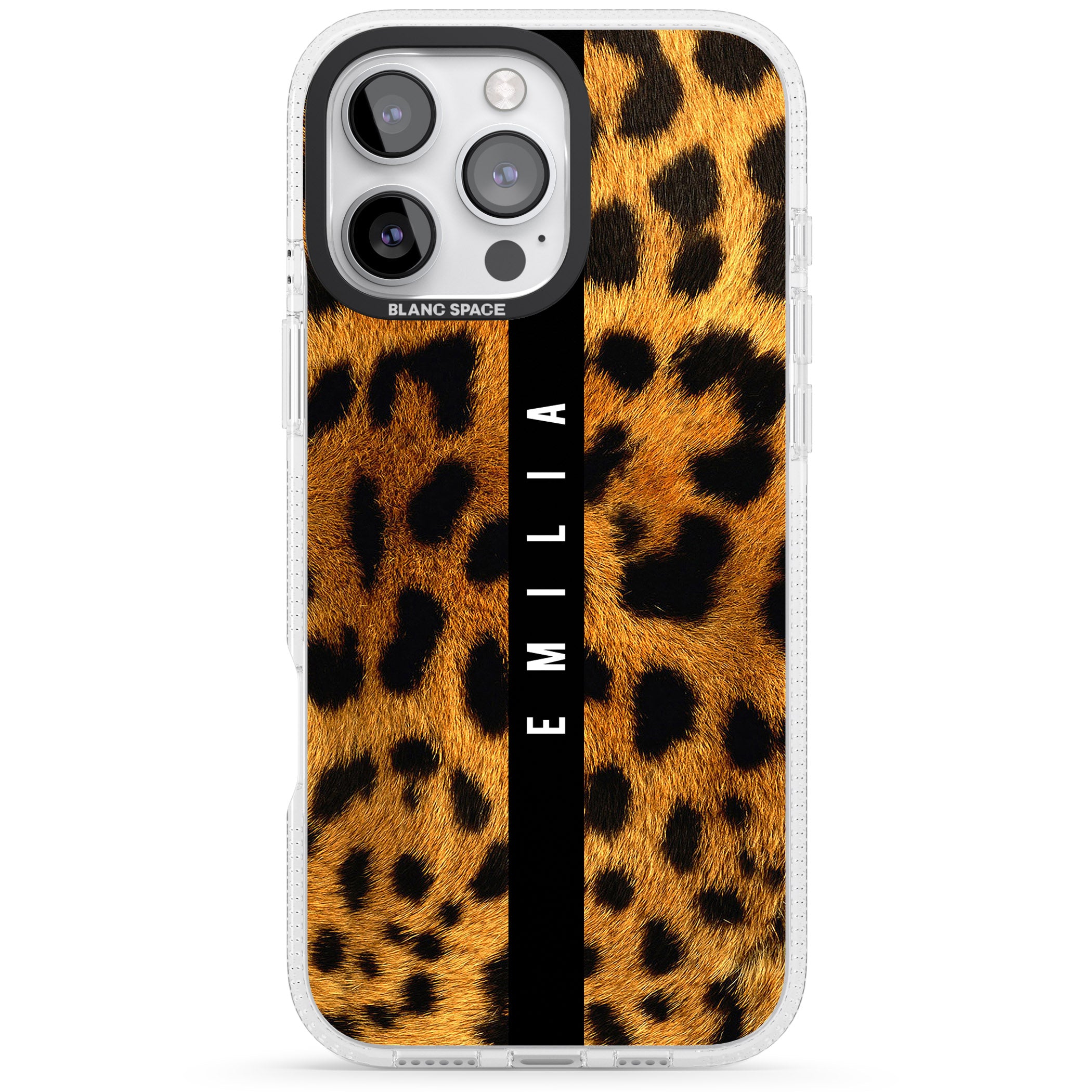 Personalised Leopard Print iPhone 16 Pro Max / 16 Pro Clear Case Impact Air - Blanc Space