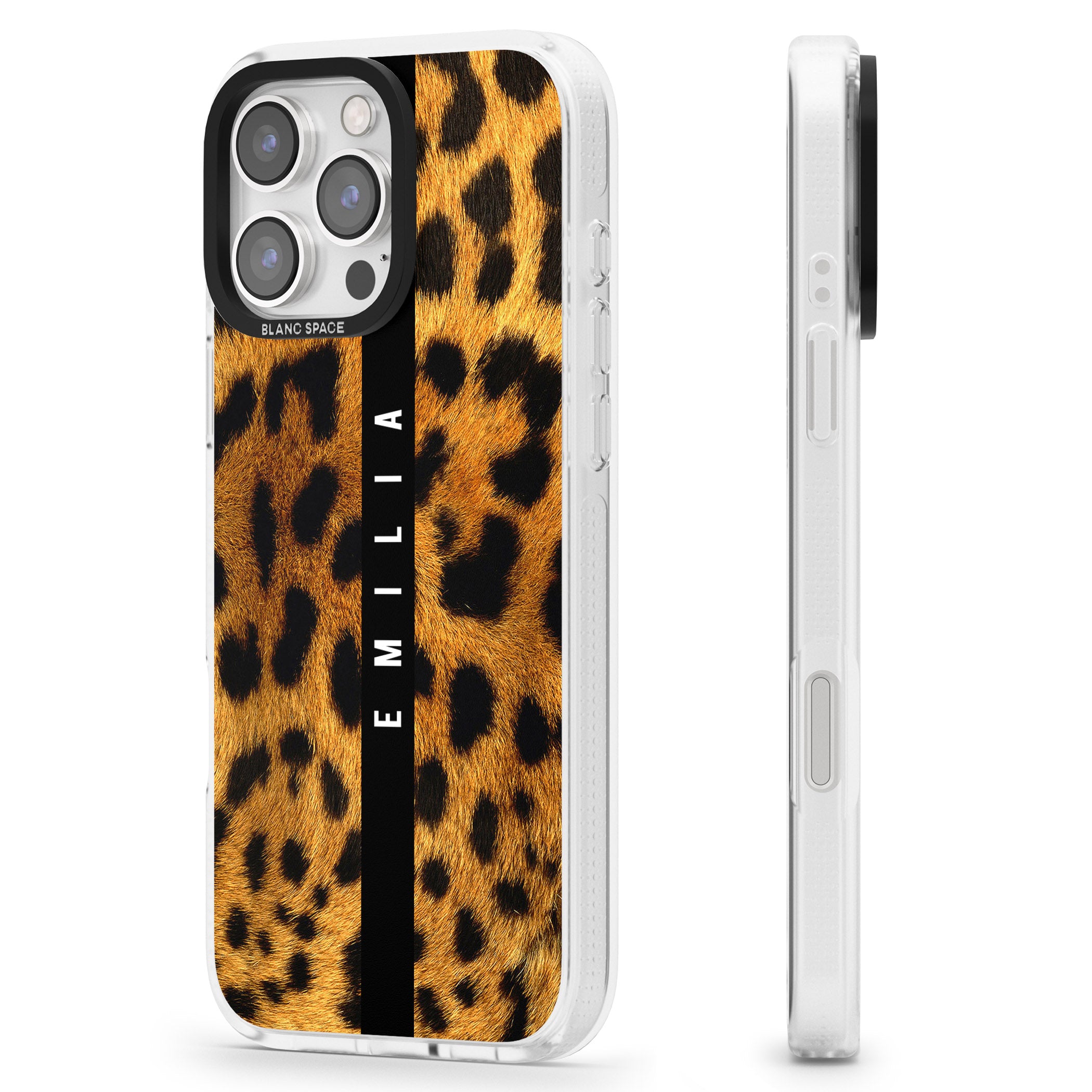 Personalised Leopard Print iPhone 16 Pro Max / 16 Pro Clear Case Impact Air - Blanc Space