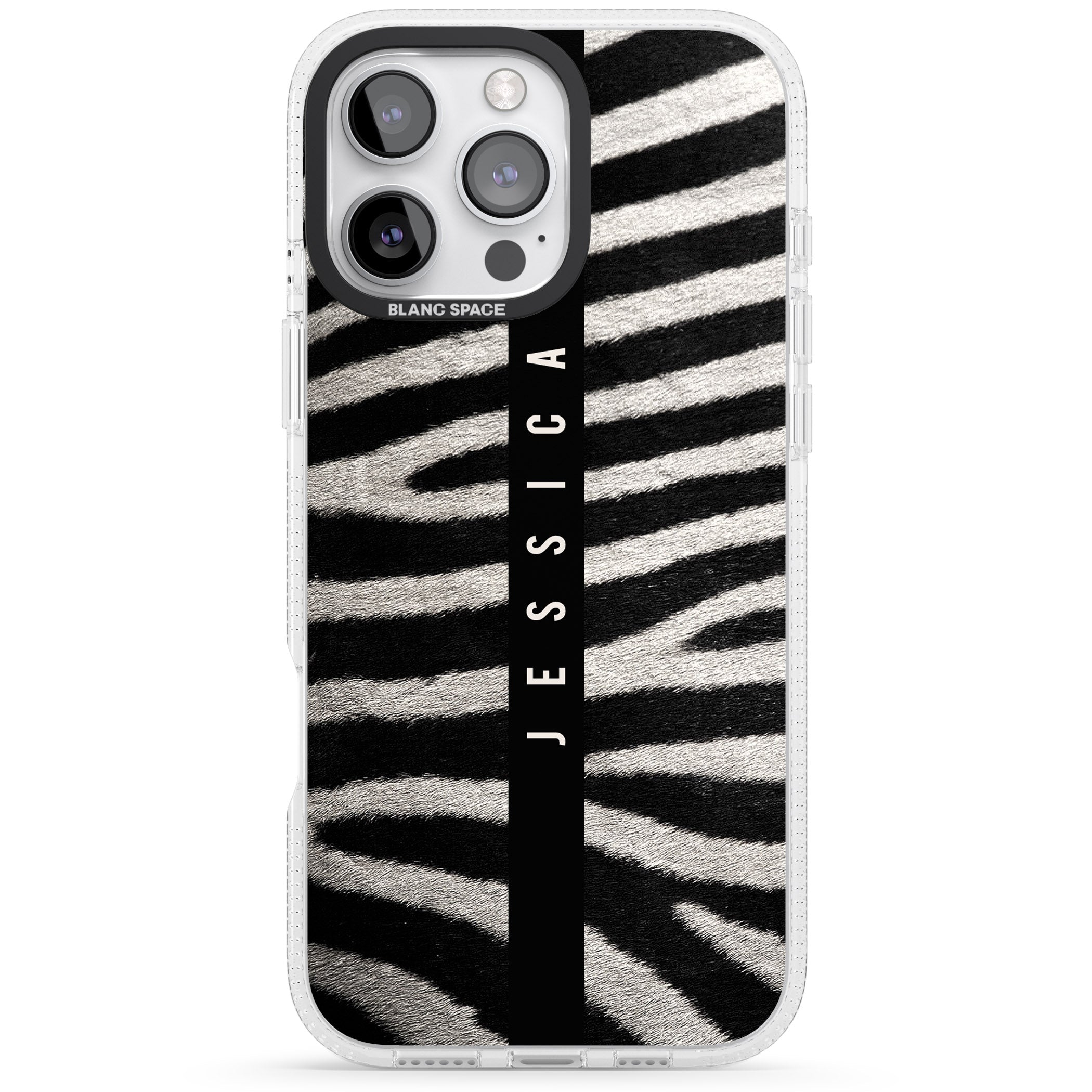 Personalised Zebra Print iPhone 16 Pro Max / 16 Pro Clear Case Impact Air - Blanc Space