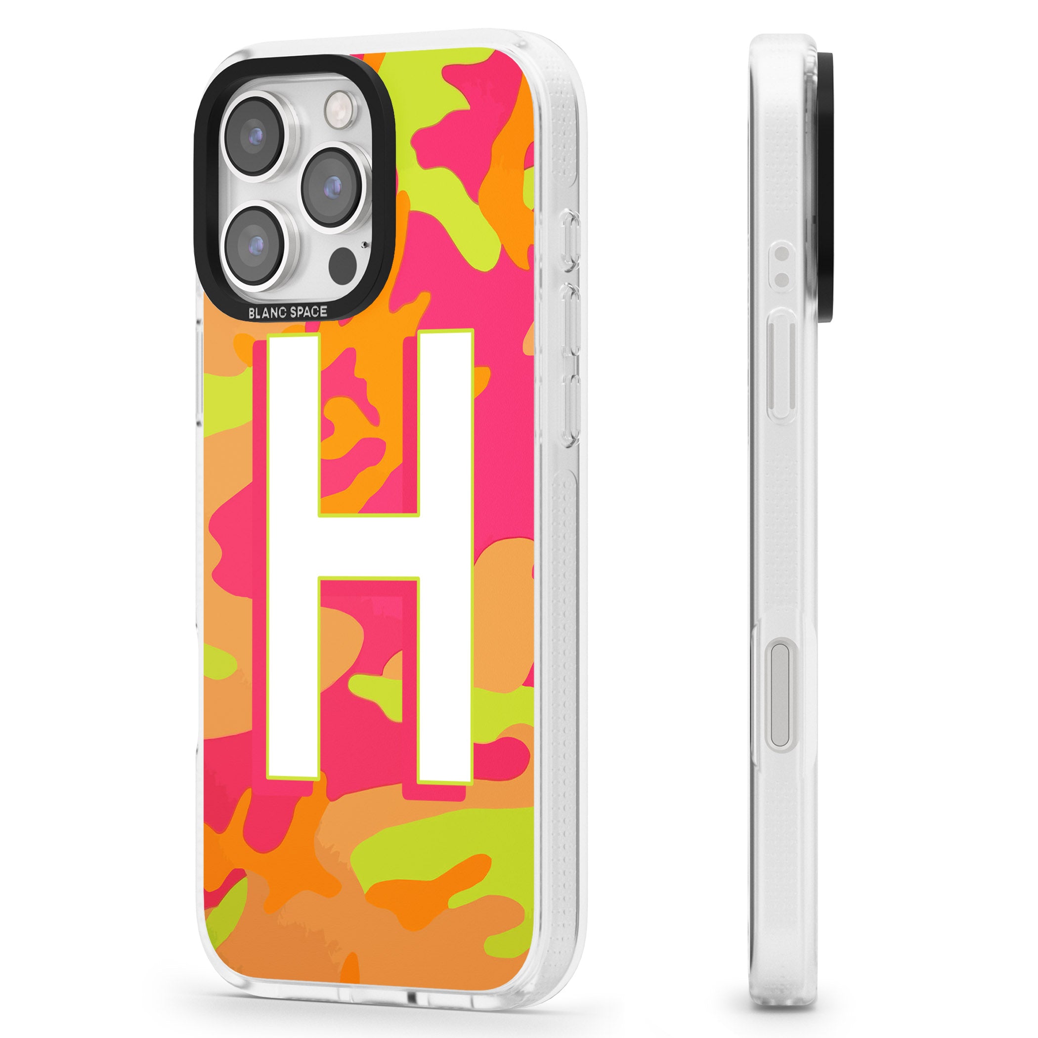 Personalised Bright Neon Camo Solid Monogram iPhone 16 Pro Max / 16 Pro Clear Case Impact Air - Blanc Space