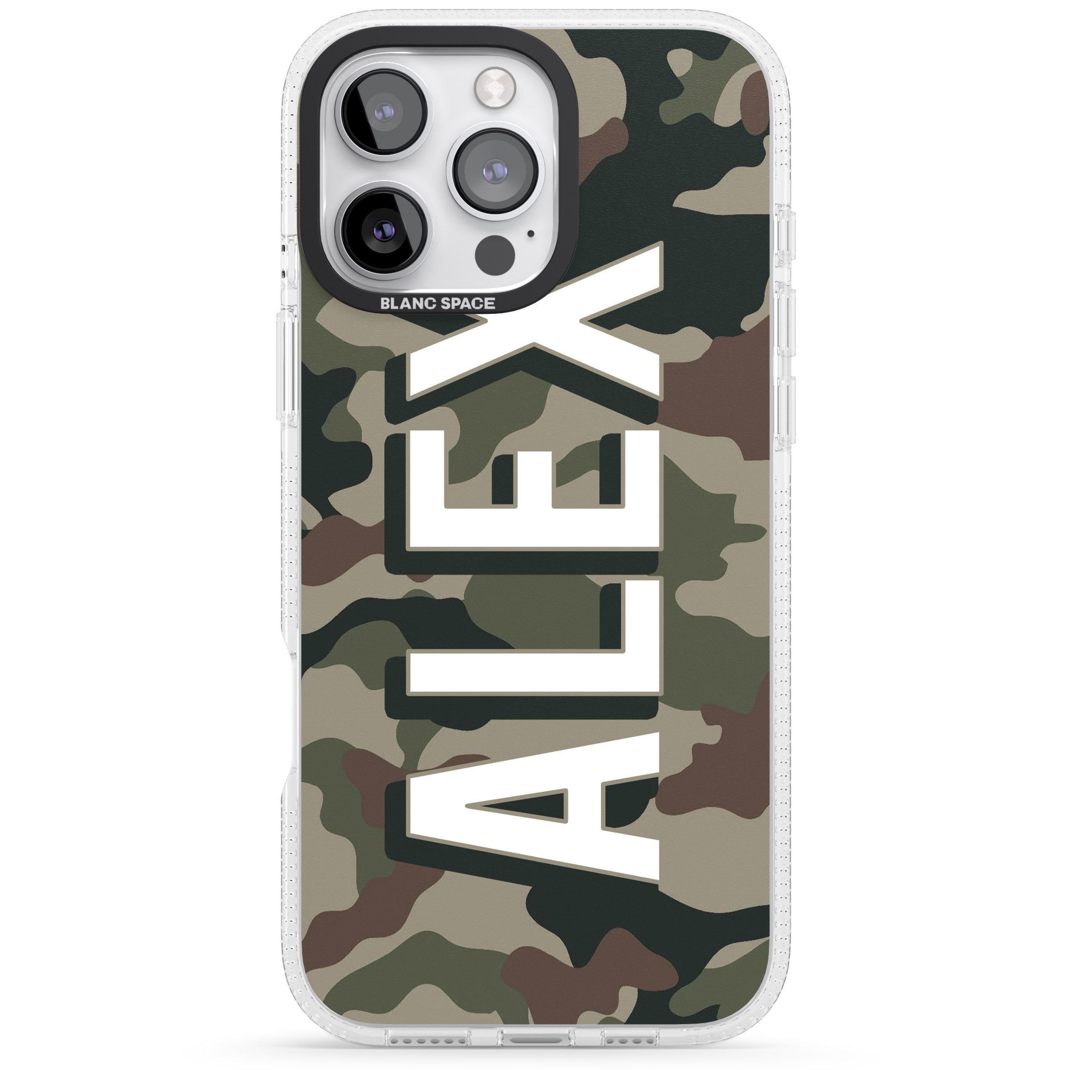 Personalised Classic Green Camo iPhone 16 Pro Max / 16 Pro Clear Case Impact Air - Blanc Space