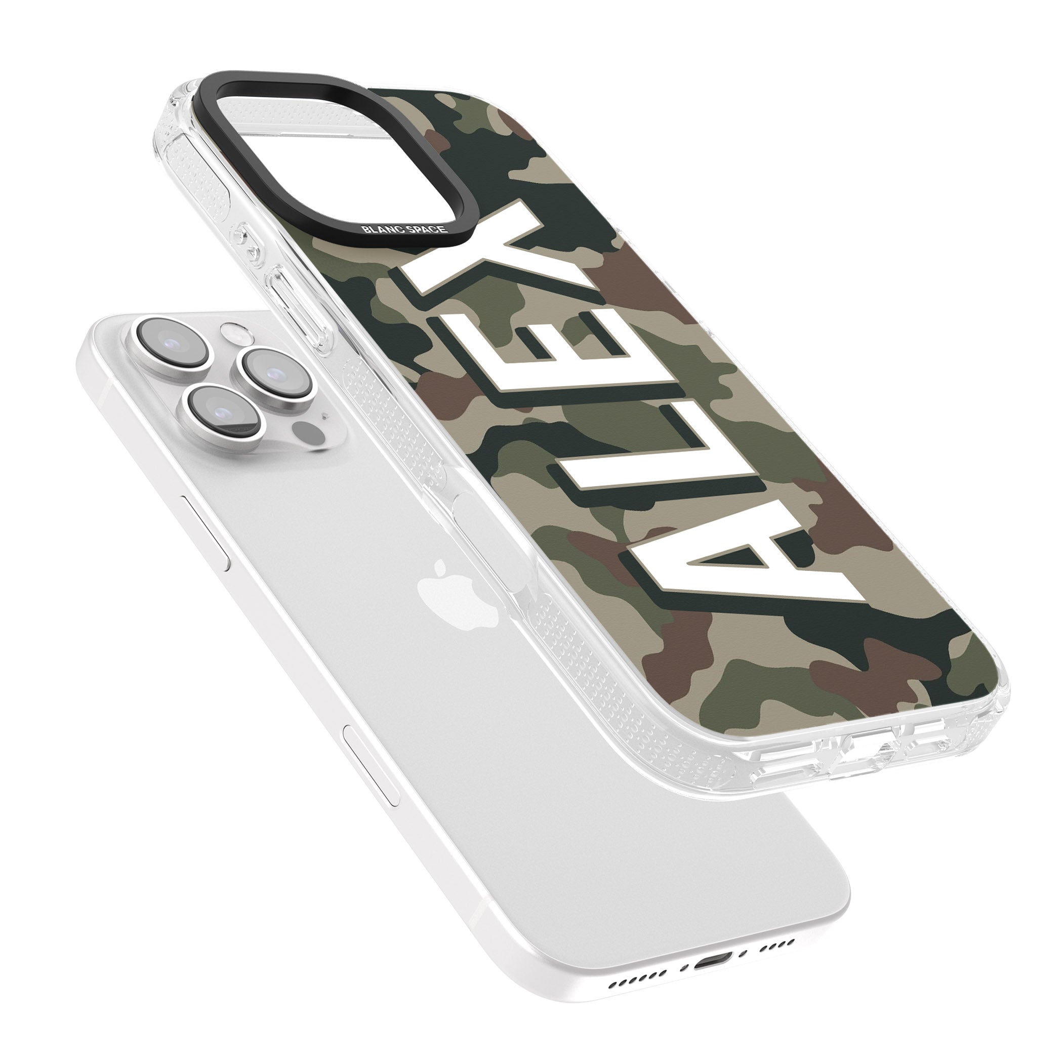 Personalised Classic Green Camo iPhone 16 Pro Max / 16 Pro Clear Case Impact Air - Blanc Space