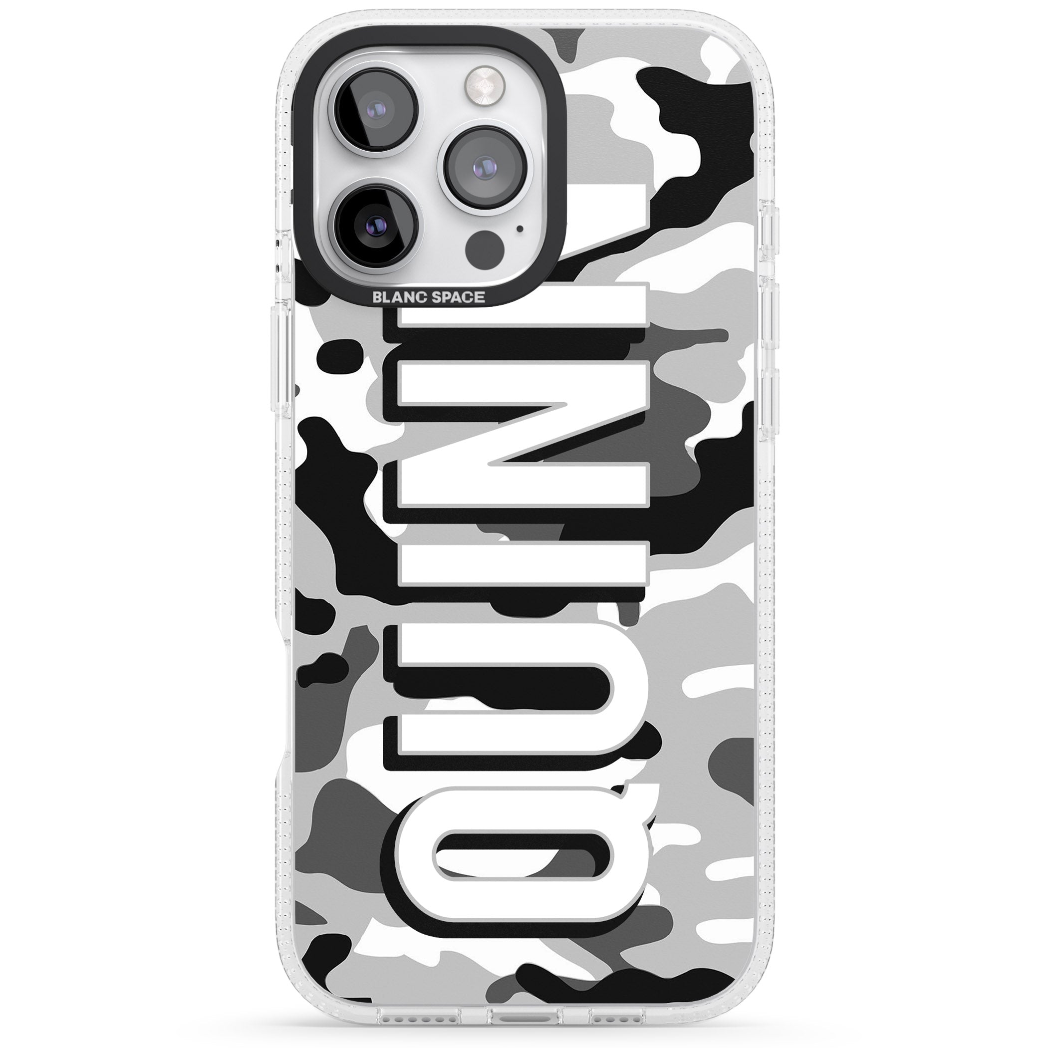 Personalised Greyscale Camo iPhone 16 Pro Max / 16 Pro Clear Case Impact Air - Blanc Space