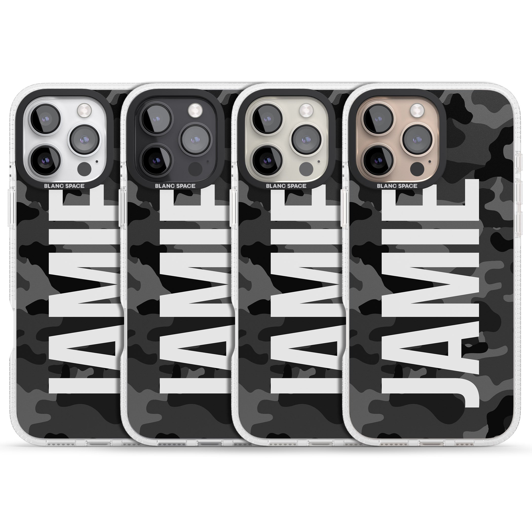 Personalised Vertical Name Black Camouflage iPhone 16 Pro Max / 16 Pro Clear Case Impact Air - Blanc Space