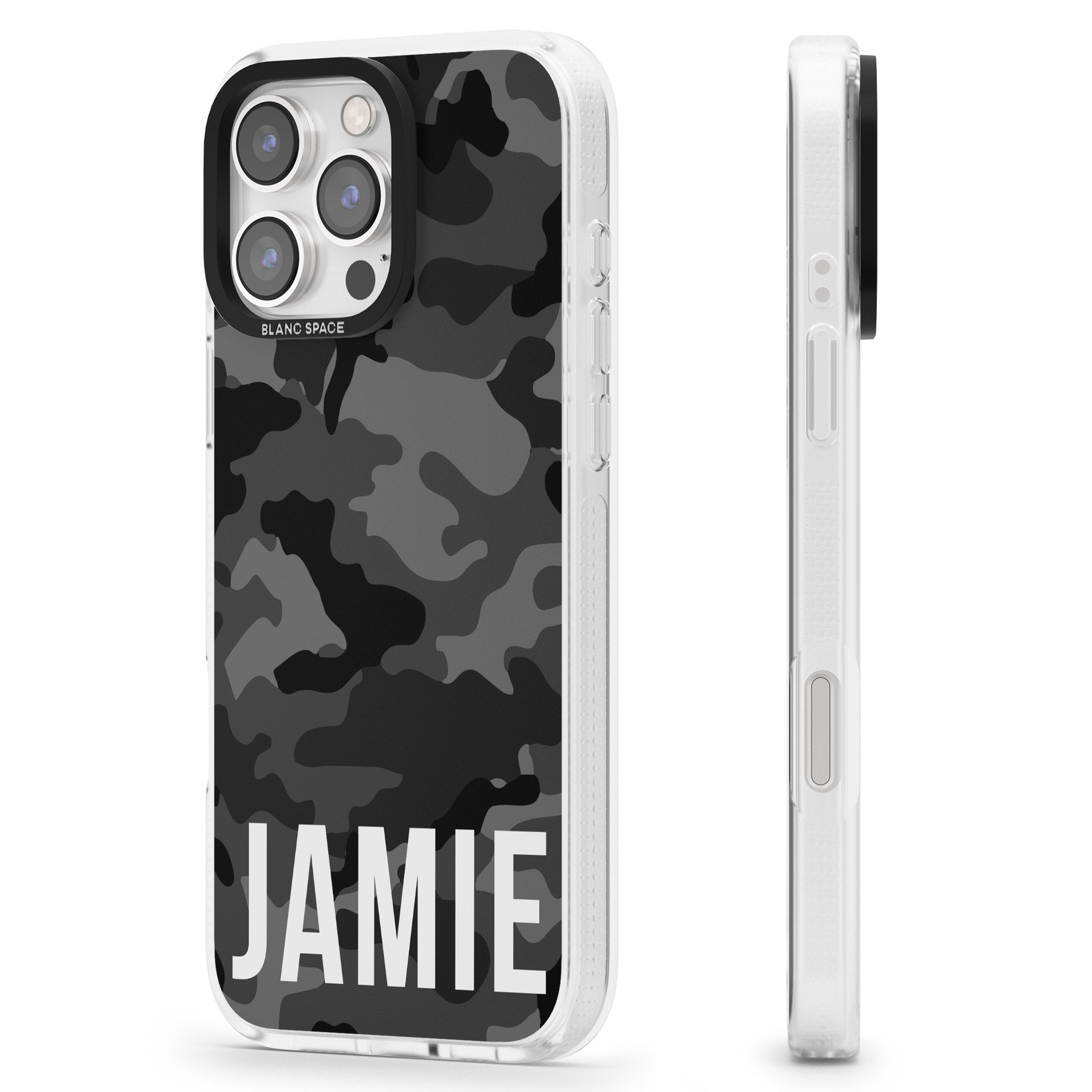 Personalised Horizontal Name Black Camouflage iPhone 16 Pro Max / 16 Pro Clear Case Impact Air - Blanc Space