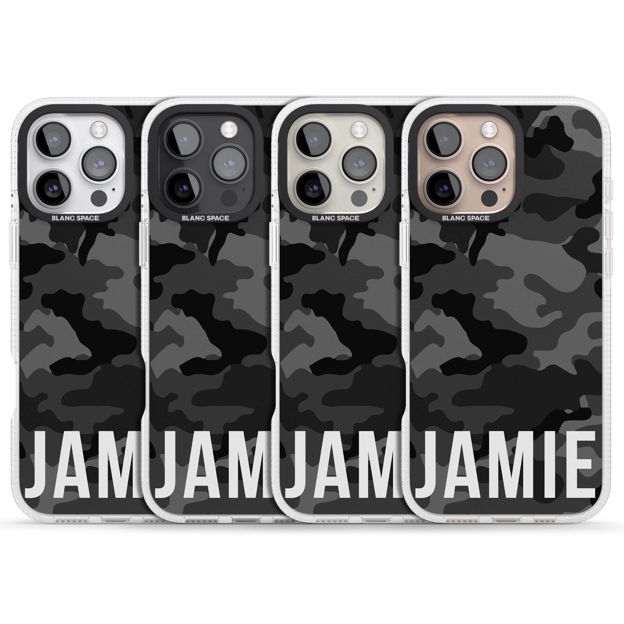 Personalised Horizontal Name Black Camouflage iPhone 16 Pro Max / 16 Pro Clear Case Impact Air - Blanc Space