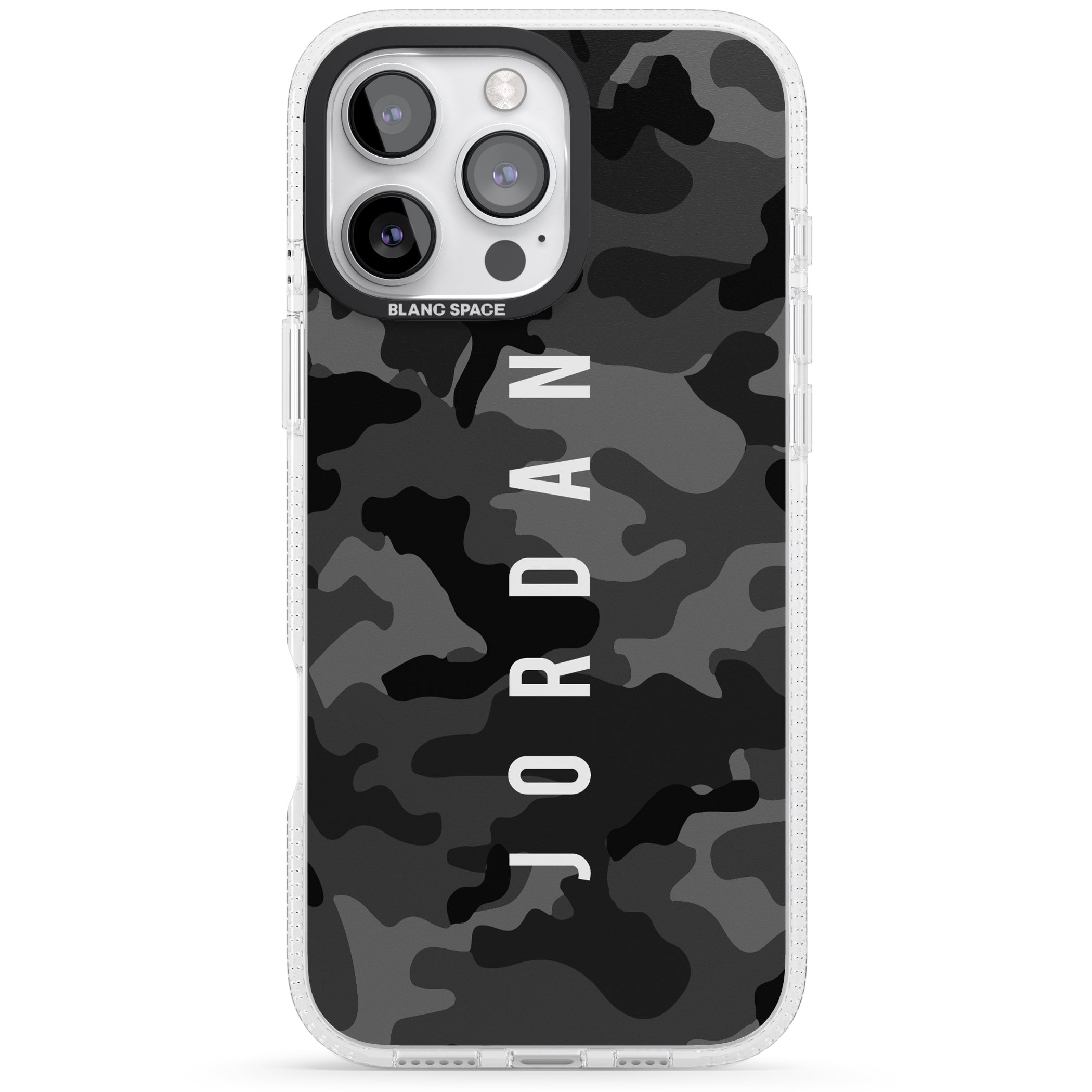 Personalised Small Vertical Name Black Camouflage iPhone 16 Pro Max / 16 Pro Clear Case Impact Air - Blanc Space