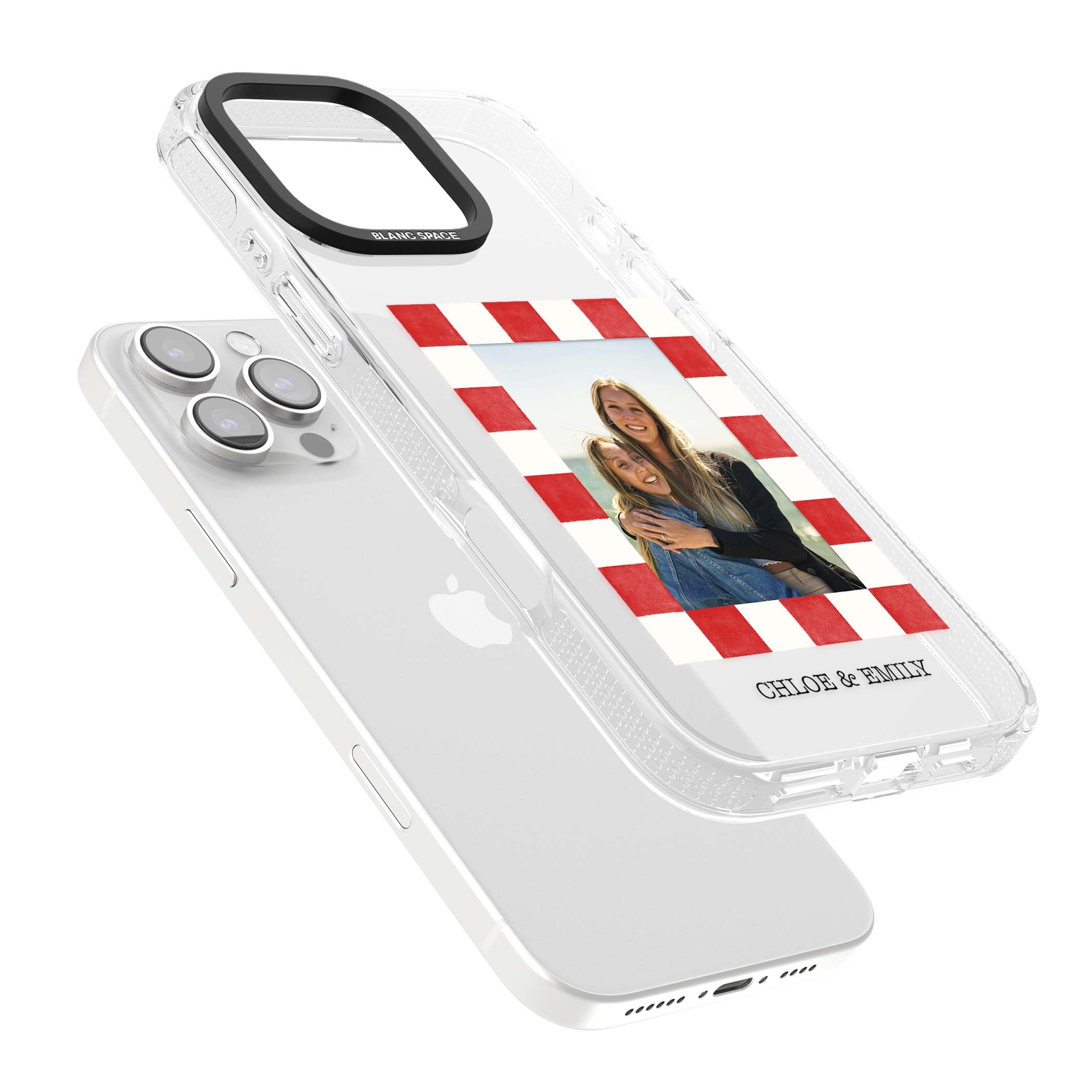 Red Check Photo personalised photo iPhone case with red and white checkered polaroid frame and custom couple name | Clear Case Impact Air case for iPhone 16 Pro, iPhone 16 Pro Max