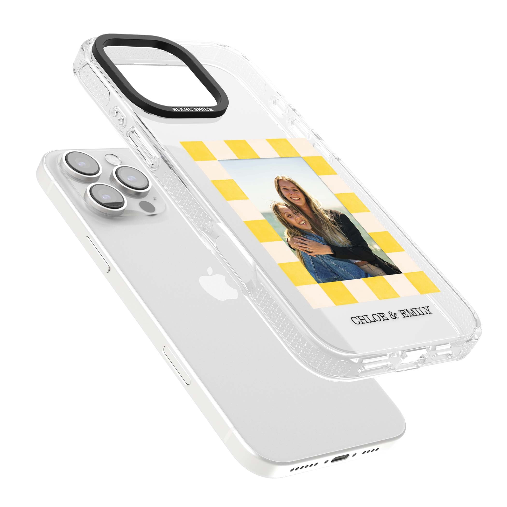 Yellow Check Photo personalised iPhone case with yellow checkered Polaroid frame and custom names beneath | Clear Case Impact Air case for iPhone 16 Pro, iPhone 16 Pro Max
