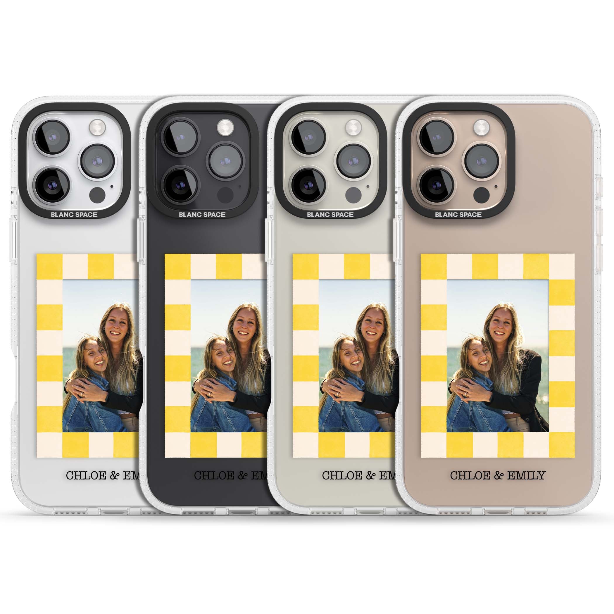 Yellow Check Photo personalised iPhone case with yellow checkered Polaroid frame and custom names beneath | Clear Case Impact Air case for iPhone 16 Pro, iPhone 16 Pro Max