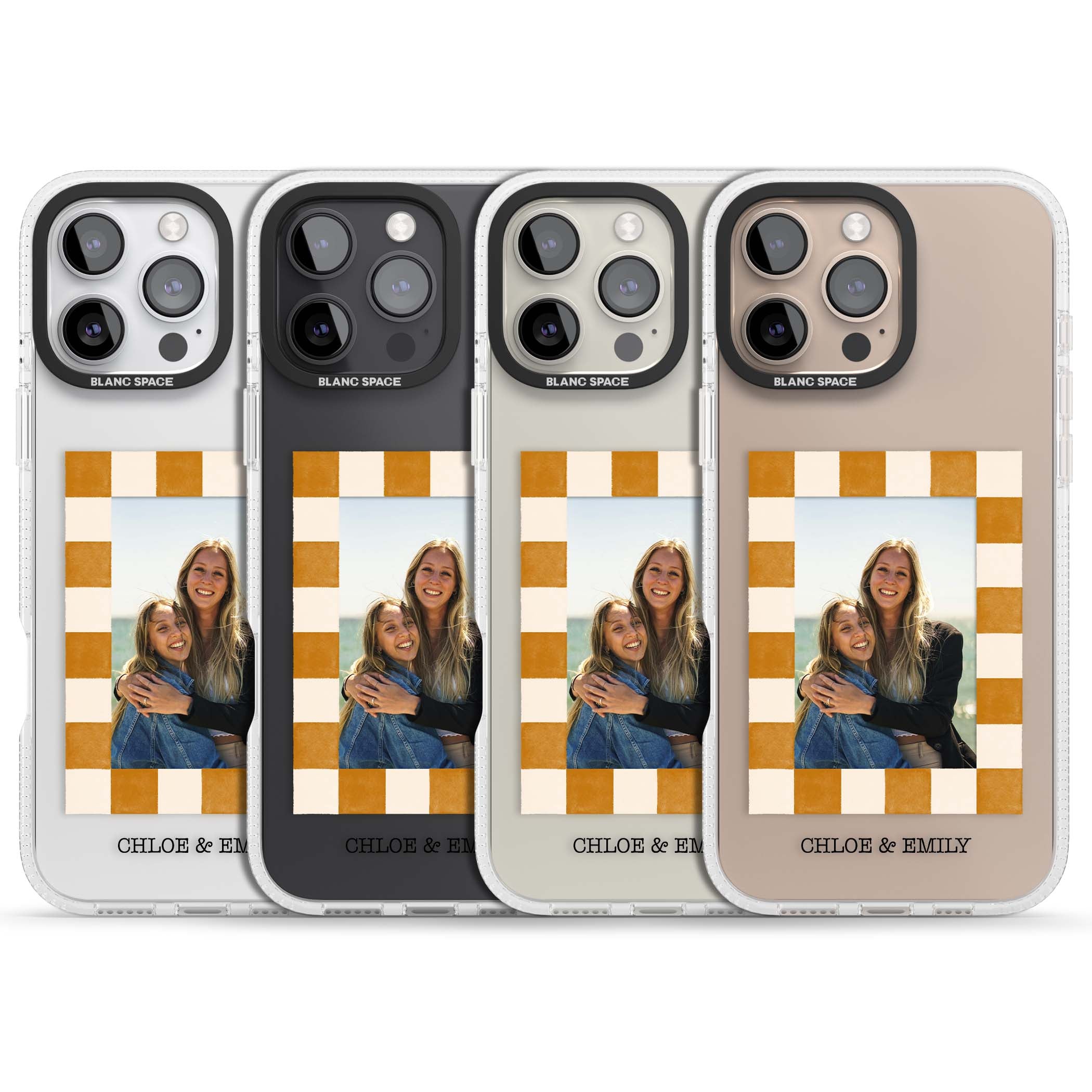 Citrus Check Photo personalised iPhone case with custom photo, orange checkered frame and names underneath | Clear Case Impact Air case for iPhone 16 Pro, iPhone 16 Pro Max