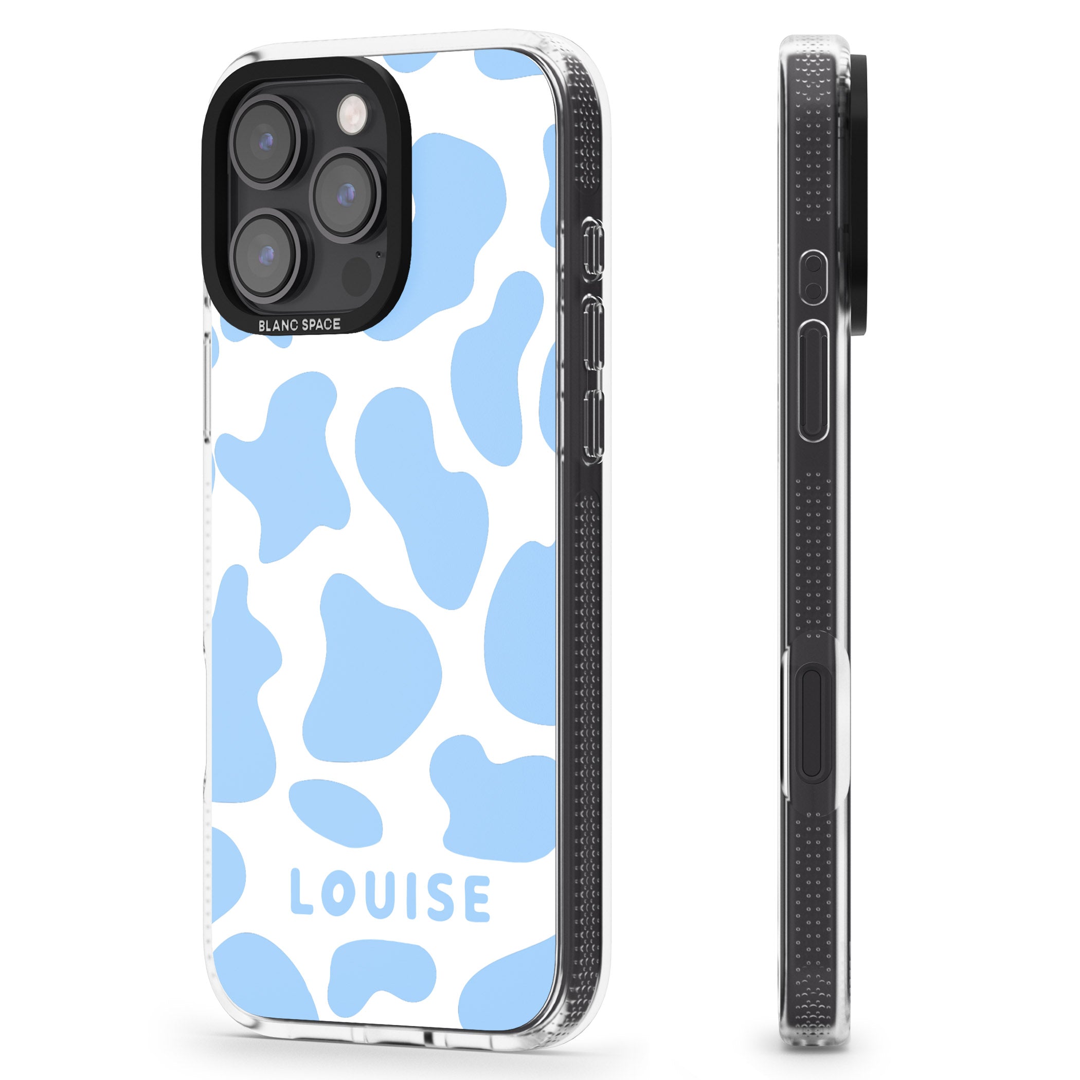 Personalised Blue and White Cow Print iPhone 16 Pro Max / 16 Pro Clear Case Impact Air - Blanc Space
