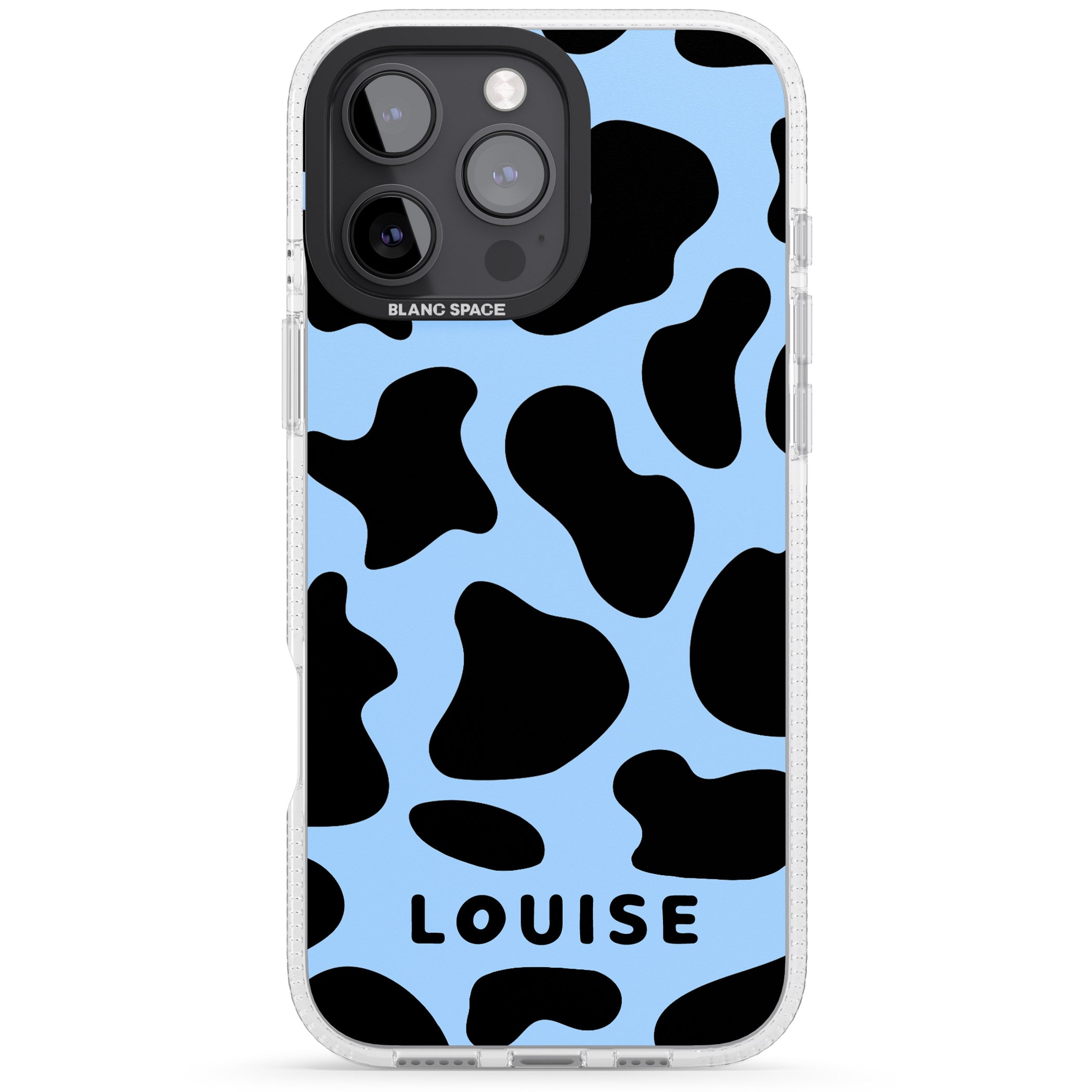 Personalised Blue and Black Cow Print iPhone 16 Pro Max / 16 Pro Clear Case Impact Air - Blanc Space