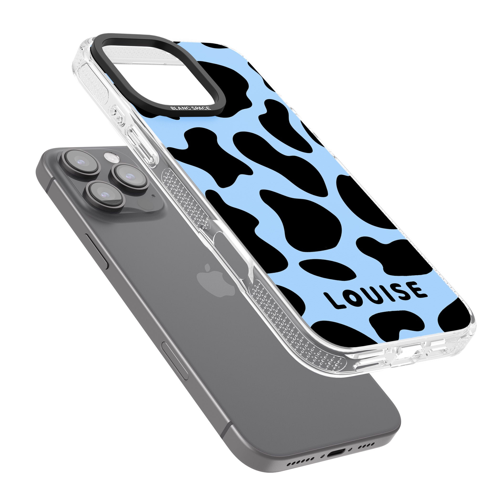 Personalised Blue and Black Cow Print iPhone 16 Pro Max / 16 Pro Clear Case Impact Air - Blanc Space