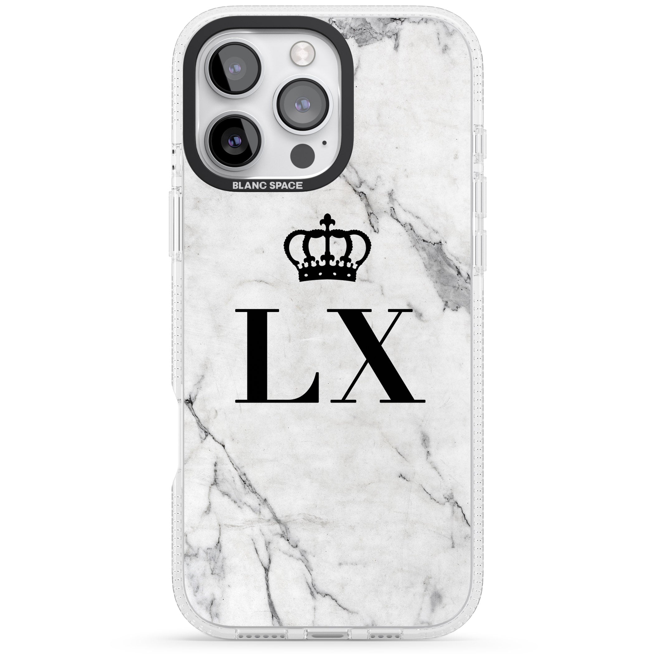 Personalised Initials with Crown on White Marble iPhone 16 Pro Max / 16 Pro Clear Case Impact Air - Blanc Space
