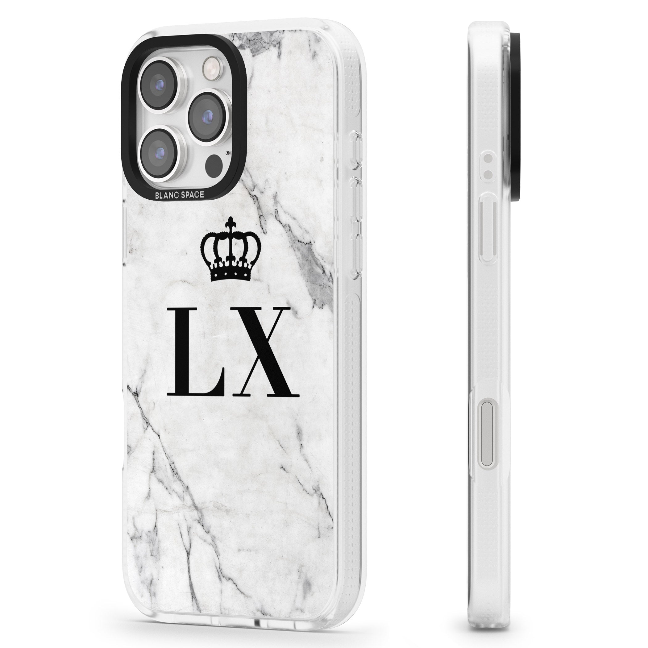 Personalised Initials with Crown on White Marble iPhone 16 Pro Max / 16 Pro Clear Case Impact Air - Blanc Space