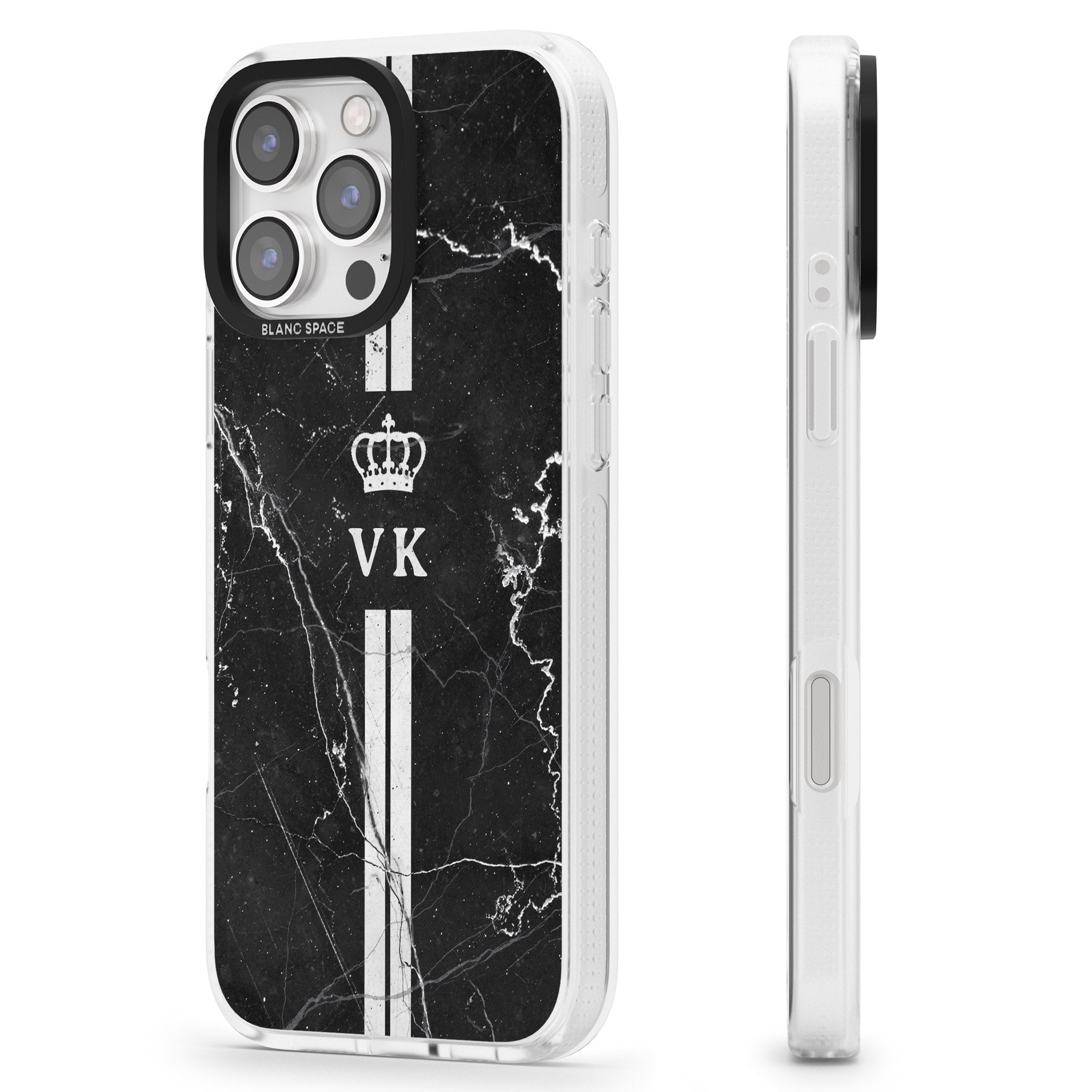 Personalised Stripes + Initials with Crown on Black Marble iPhone 16 Pro Max / 16 Pro Clear Case Impact Air - Blanc Space