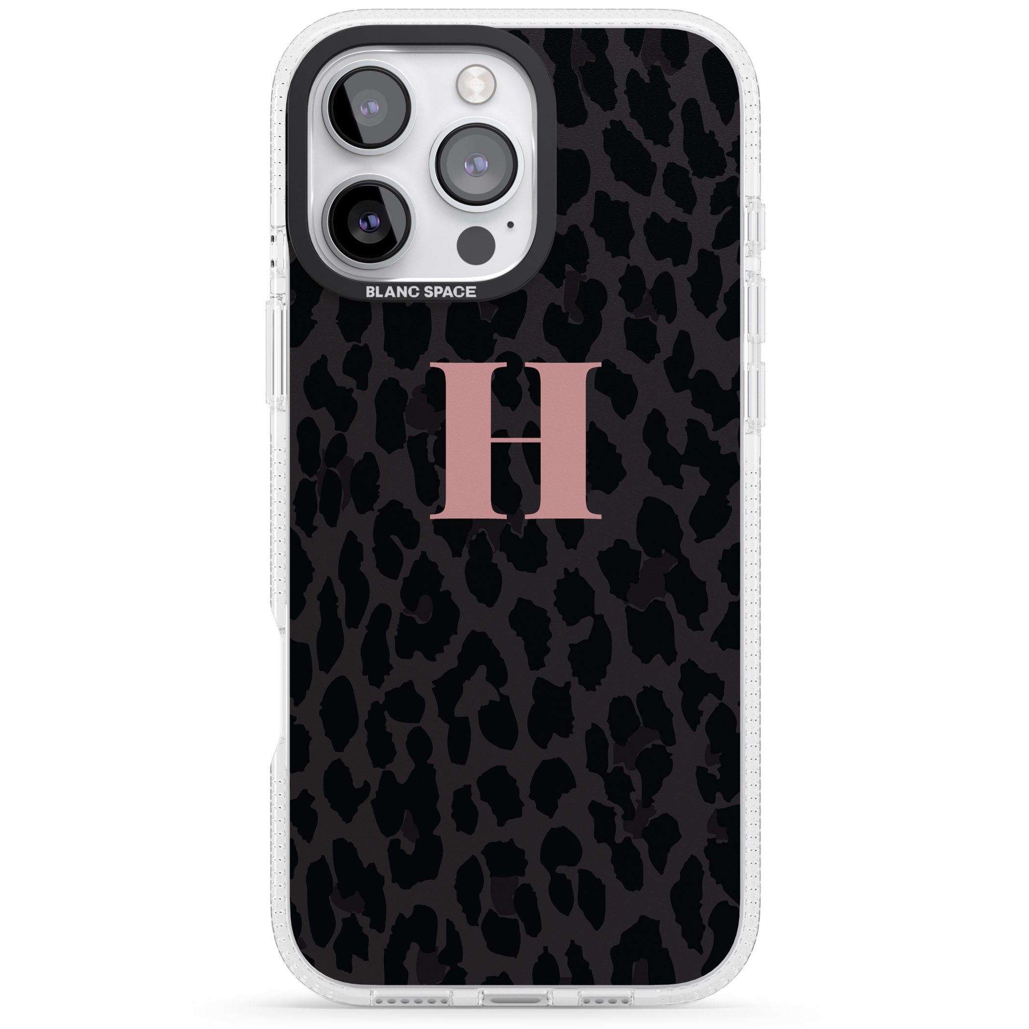 Personalised Small Pink Leopard Monogram iPhone 16 Pro Max / 16 Pro Clear Case Impact Air - Blanc Space