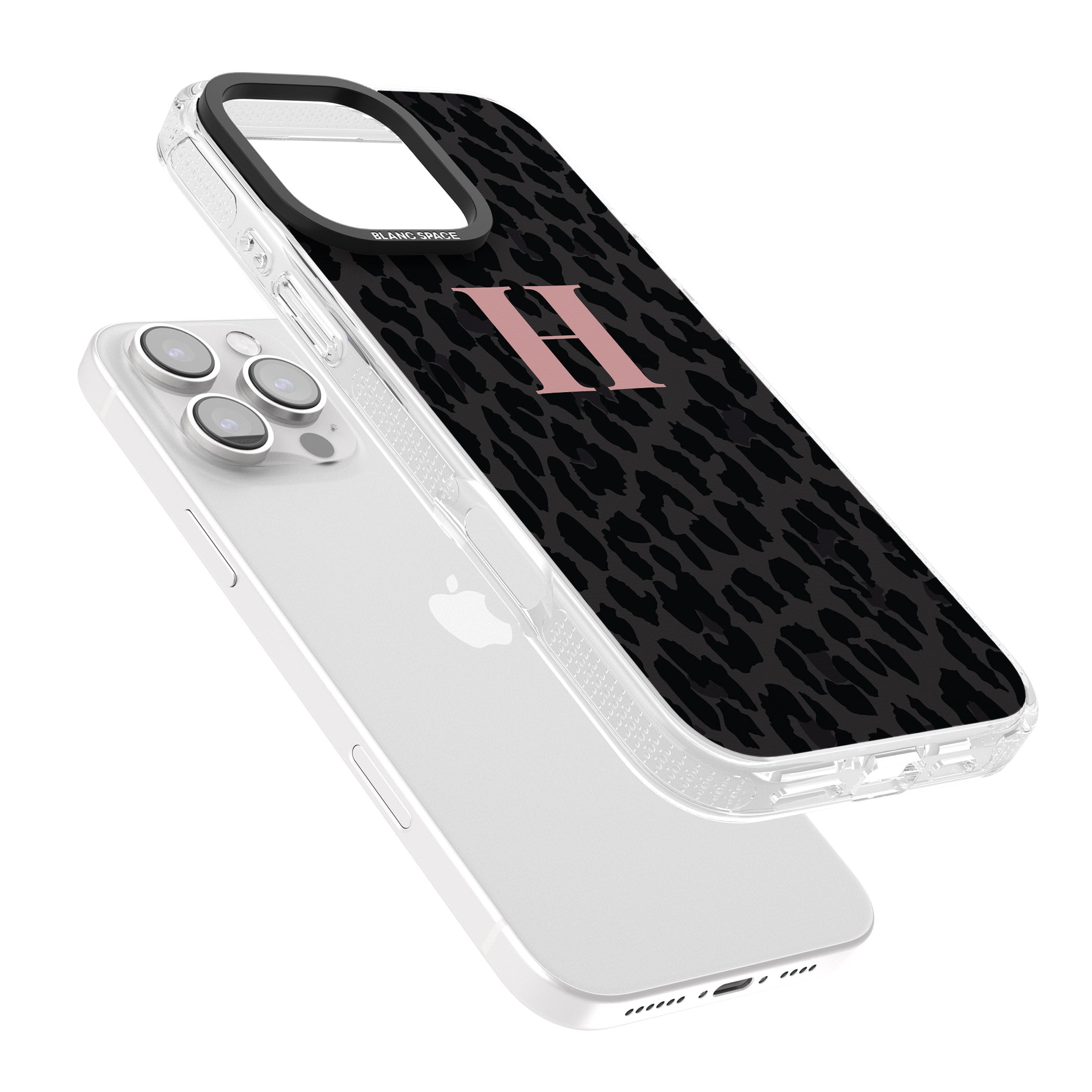 Personalised Small Pink Leopard Monogram iPhone 16 Pro Max / 16 Pro Clear Case Impact Air - Blanc Space