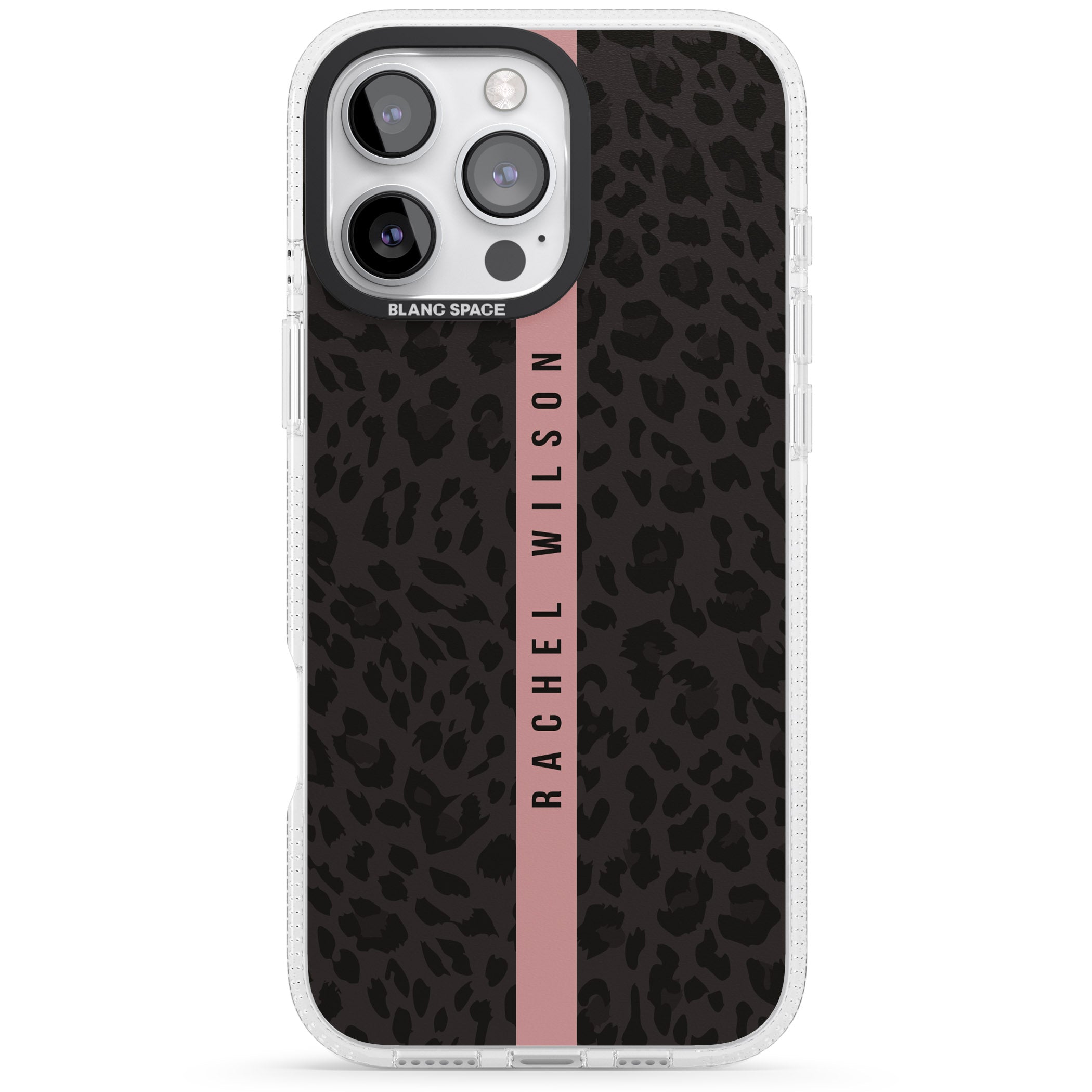 Personalised Pink Stripe Leopard Pattern iPhone 16 Pro Max / 16 Pro Clear Case Impact Air - Blanc Space