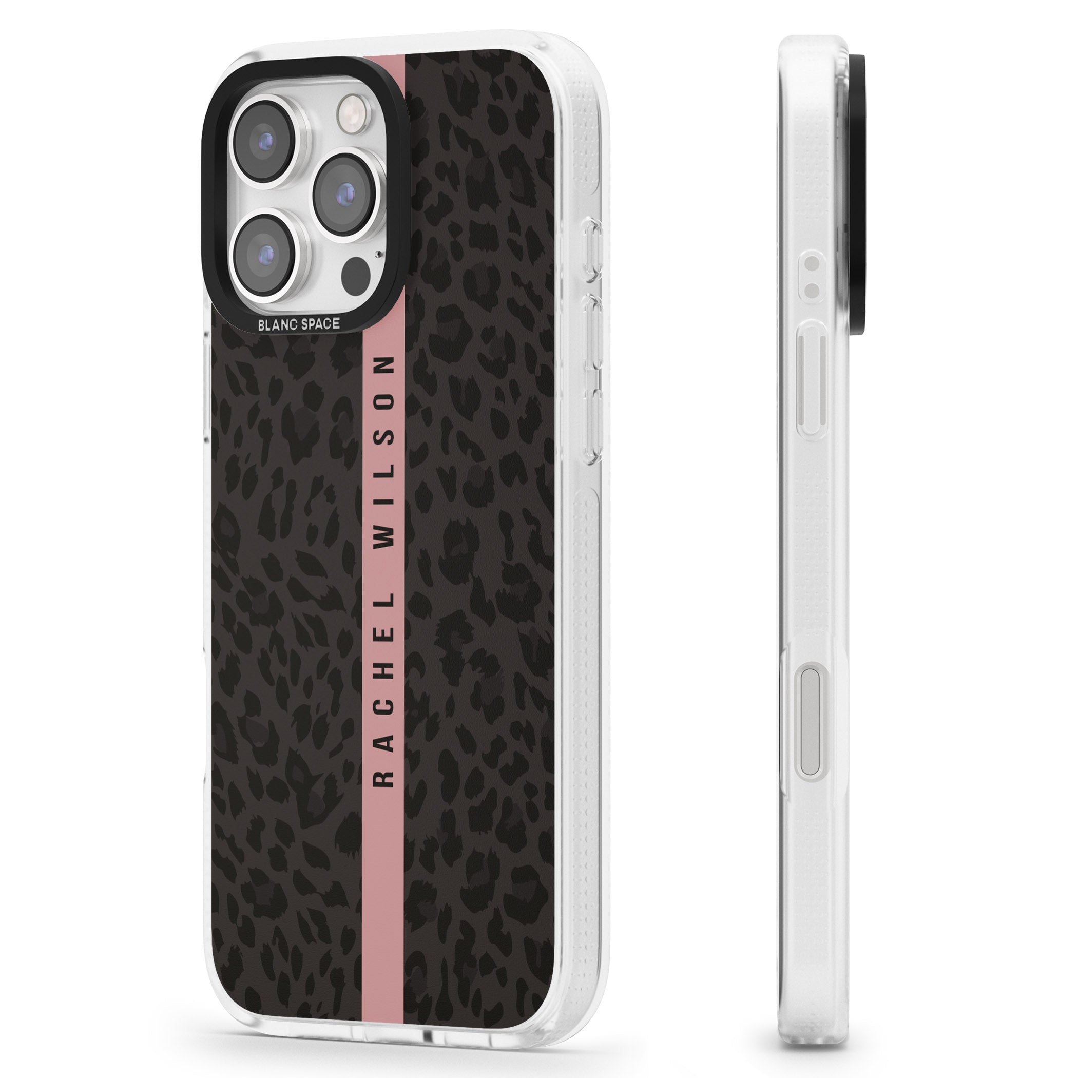 Personalised Pink Stripe Leopard Pattern iPhone 16 Pro Max / 16 Pro Clear Case Impact Air - Blanc Space