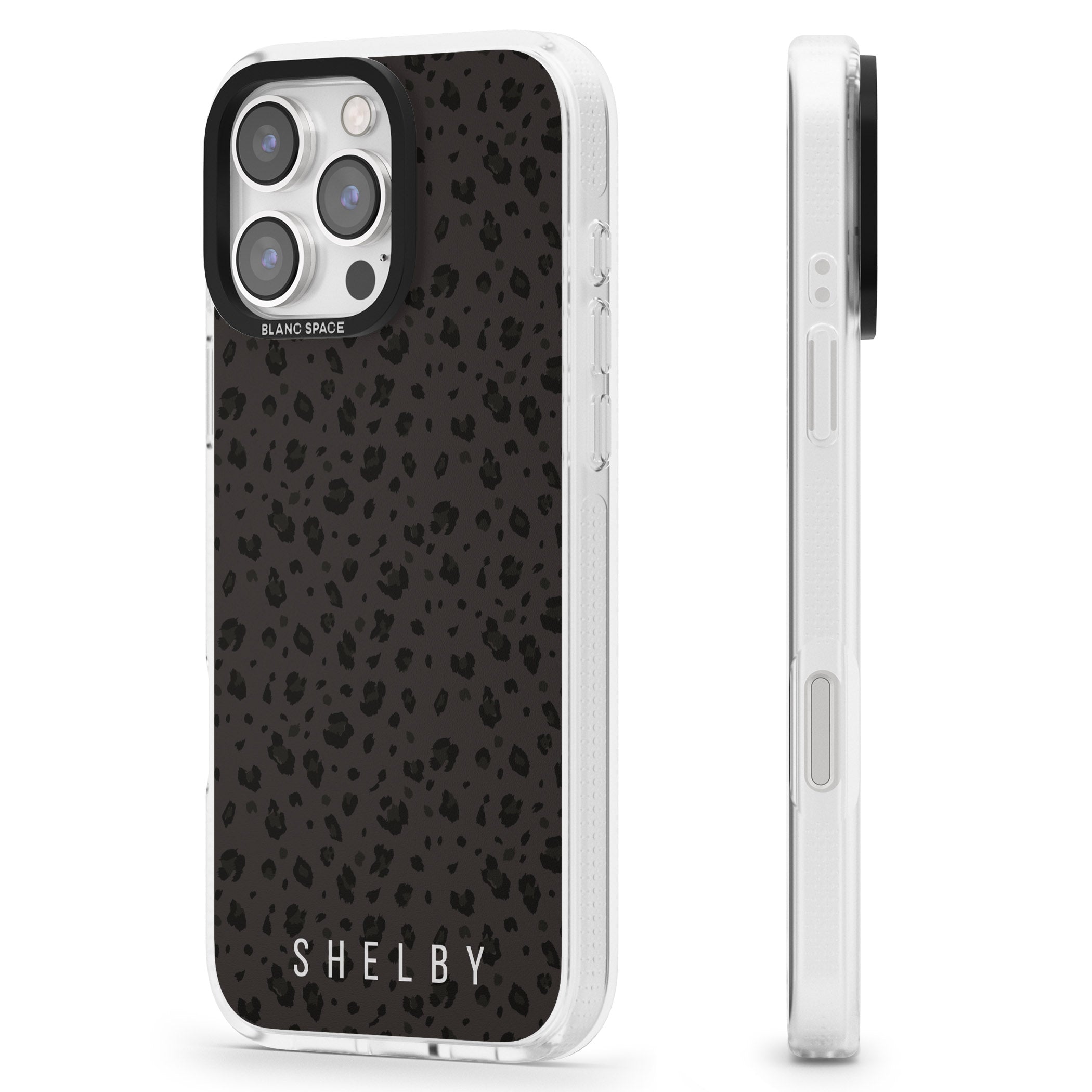 Personalised Minimal Lettering Dark Leopard iPhone 16 Pro Max / 16 Pro Clear Case Impact Air - Blanc Space