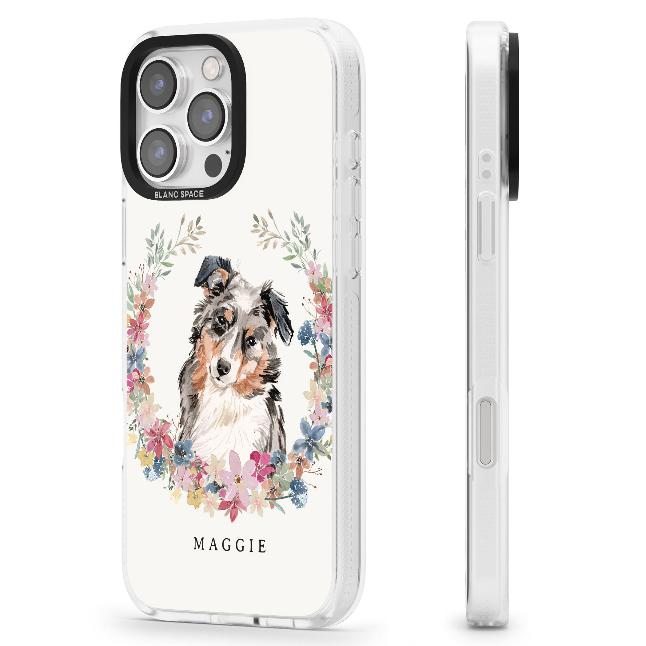 Personalised Australian Shepherd Watercolour Dog Portrait iPhone 16 Pro Max / 16 Pro Clear Case Impact Air - Blanc Space